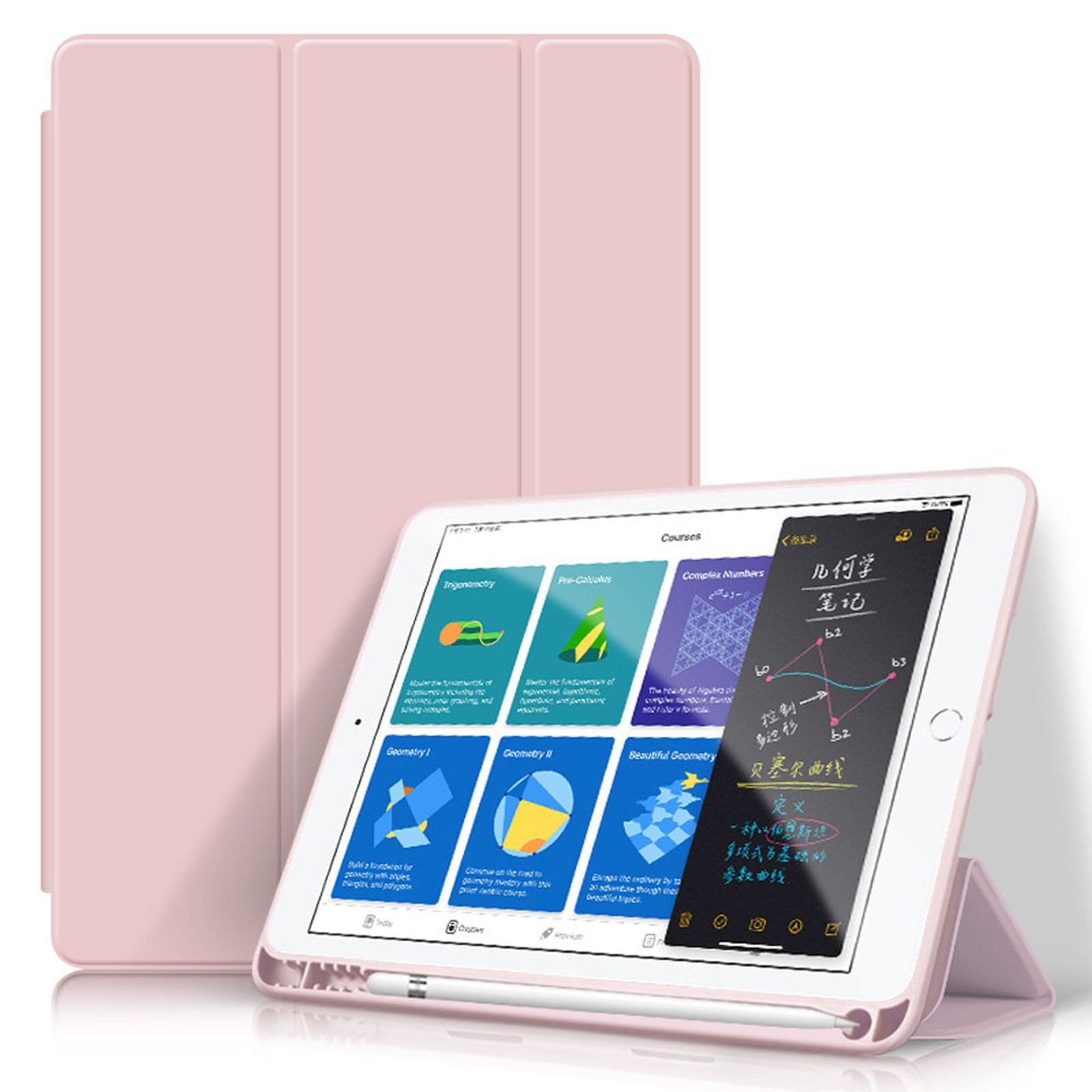 Rosa Tablet-Hülle, offen mit Tablet, das einen Bildschirm mit Grafiken und einen Stift zeigt.