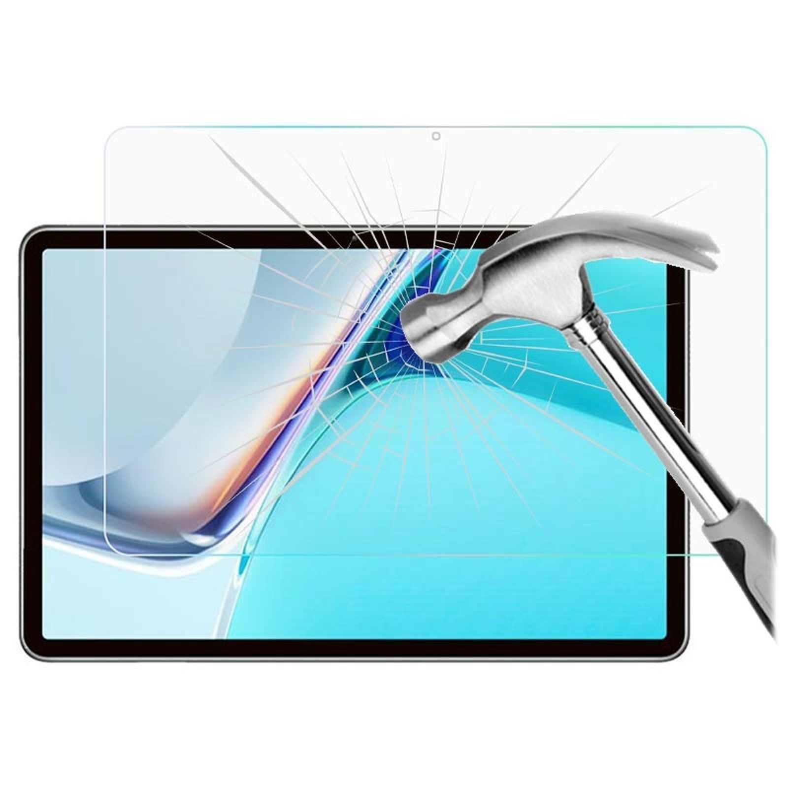 Ein Tablet mit zerbrochener Displayschutzfolie und ein Hammer darüber. Der Hintergrund ist weiß.