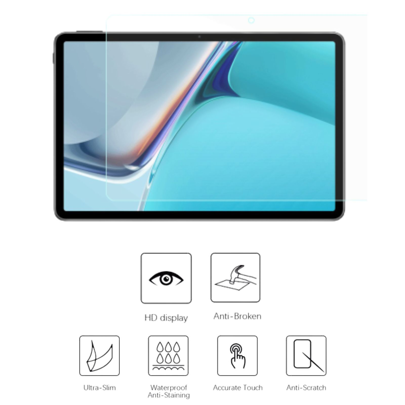 Ein Tablet mit Displayschutzfolie, mit Symbolen für HD-Display, bruchsicher, ultradünn, wasserdicht, Touch, kratzfest.