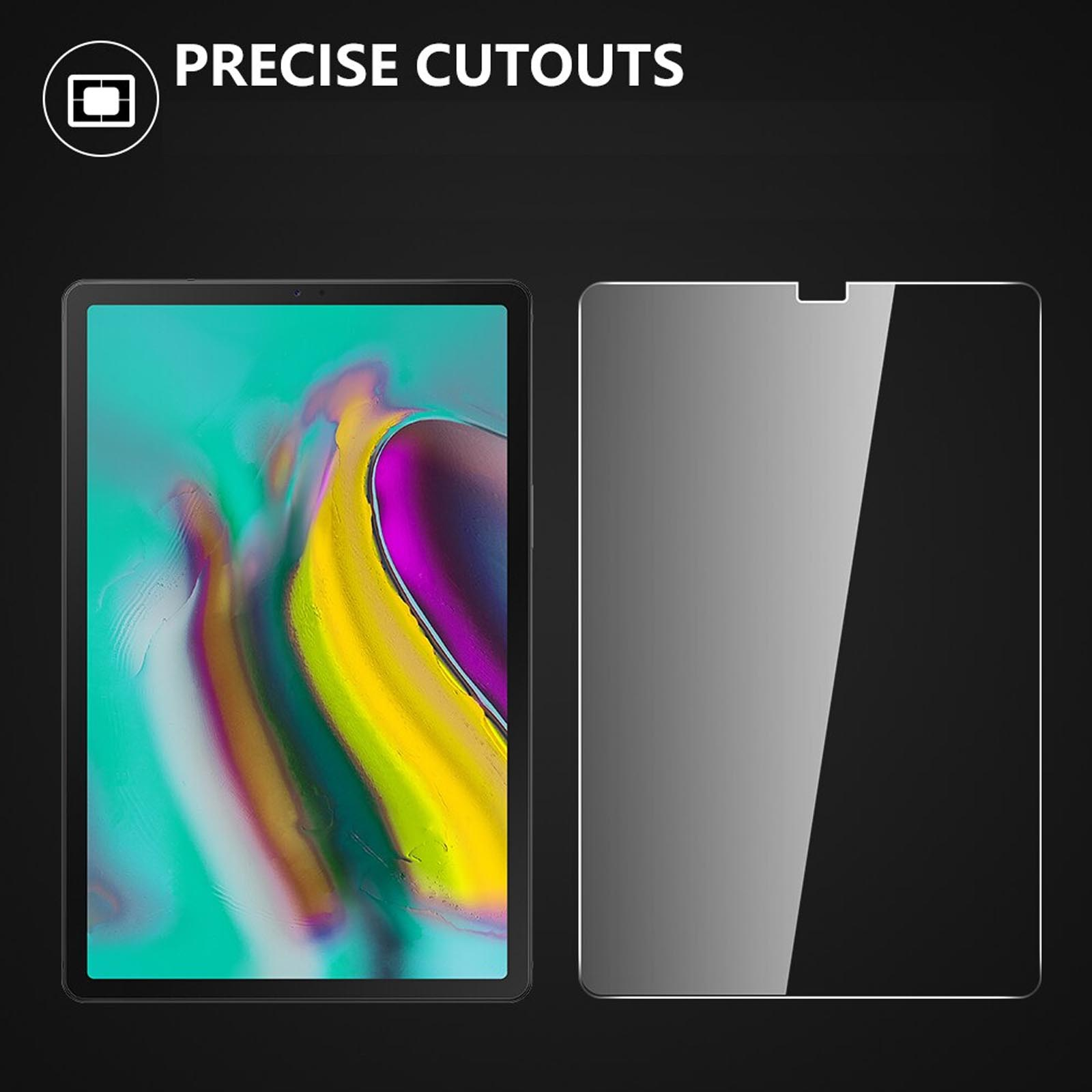 Uno schermo di tablet accanto a una protezione per lo schermo, entrambi su sfondo nero.