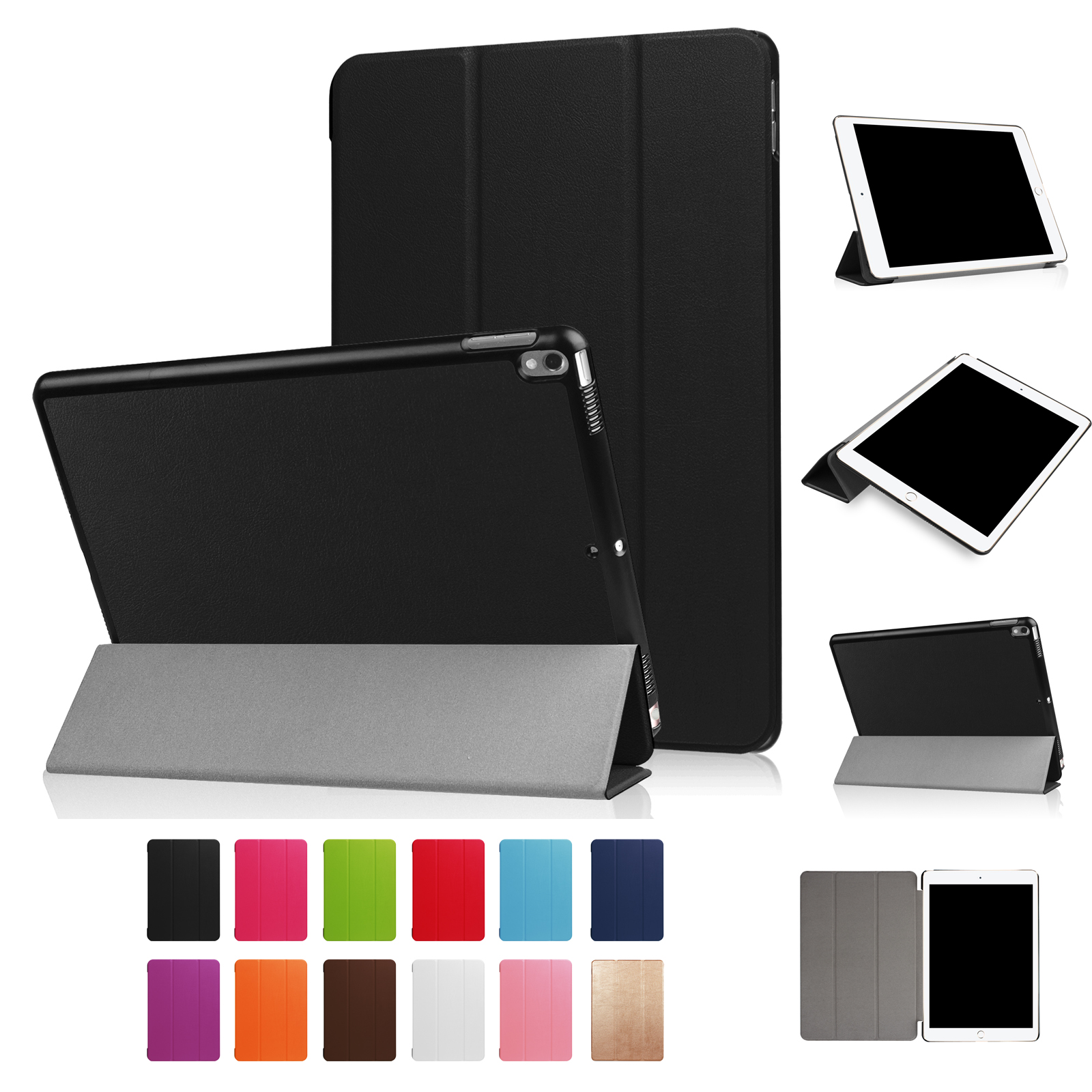 Mehrere Tablet-Hüllen in verschiedenen Farben mit einem schwarzen Tablet, die verschiedene Designs zeigen.