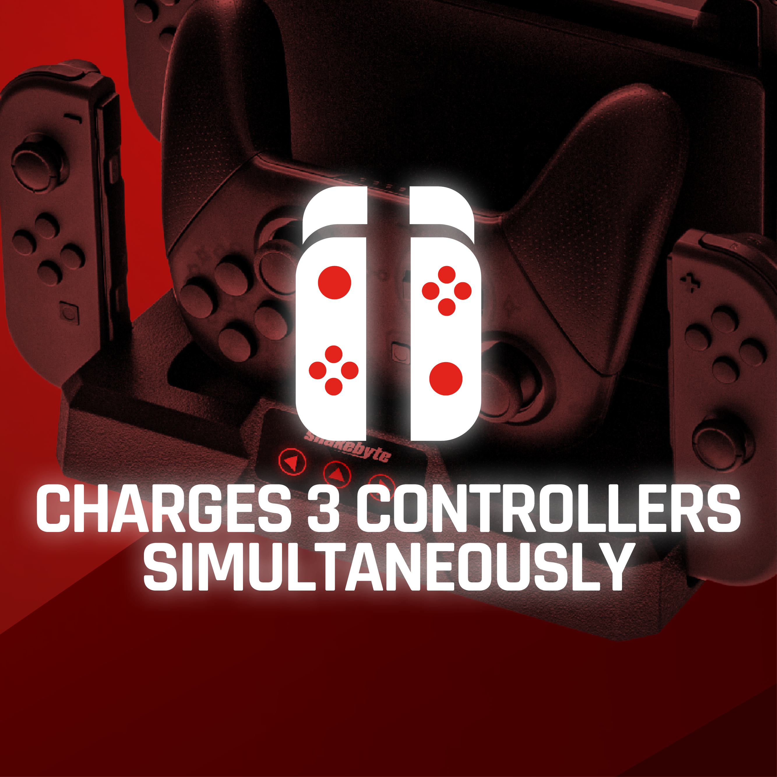 Schwarze Ladestation für drei Controller, mit Text: Lädt 3 Controller gleichzeitig.