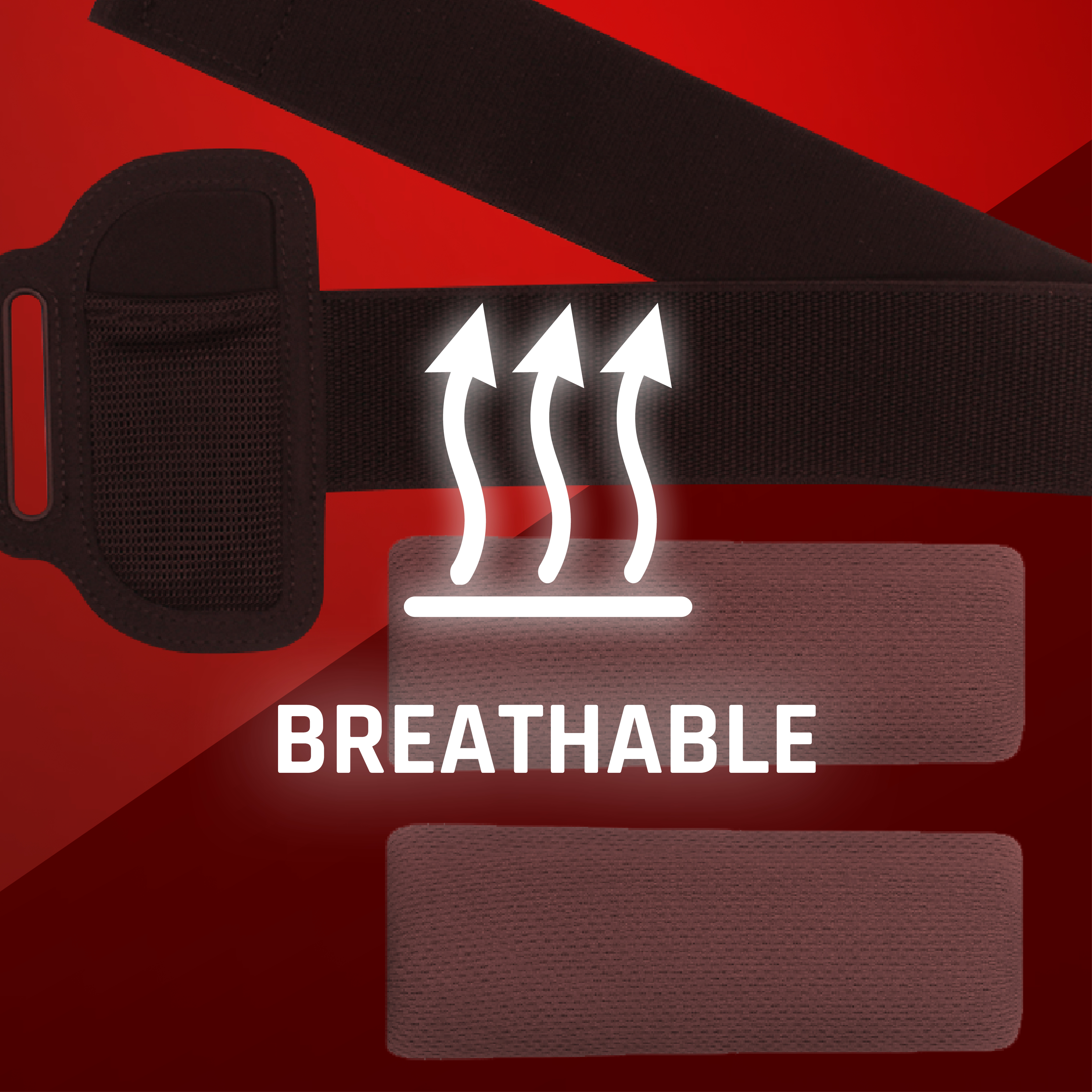 Ein schwarzer Gürtel mit atmungsaktiver Halterung, mit Pfeilen und dem Wort 'BREATHABLE' auf rotem Grund.