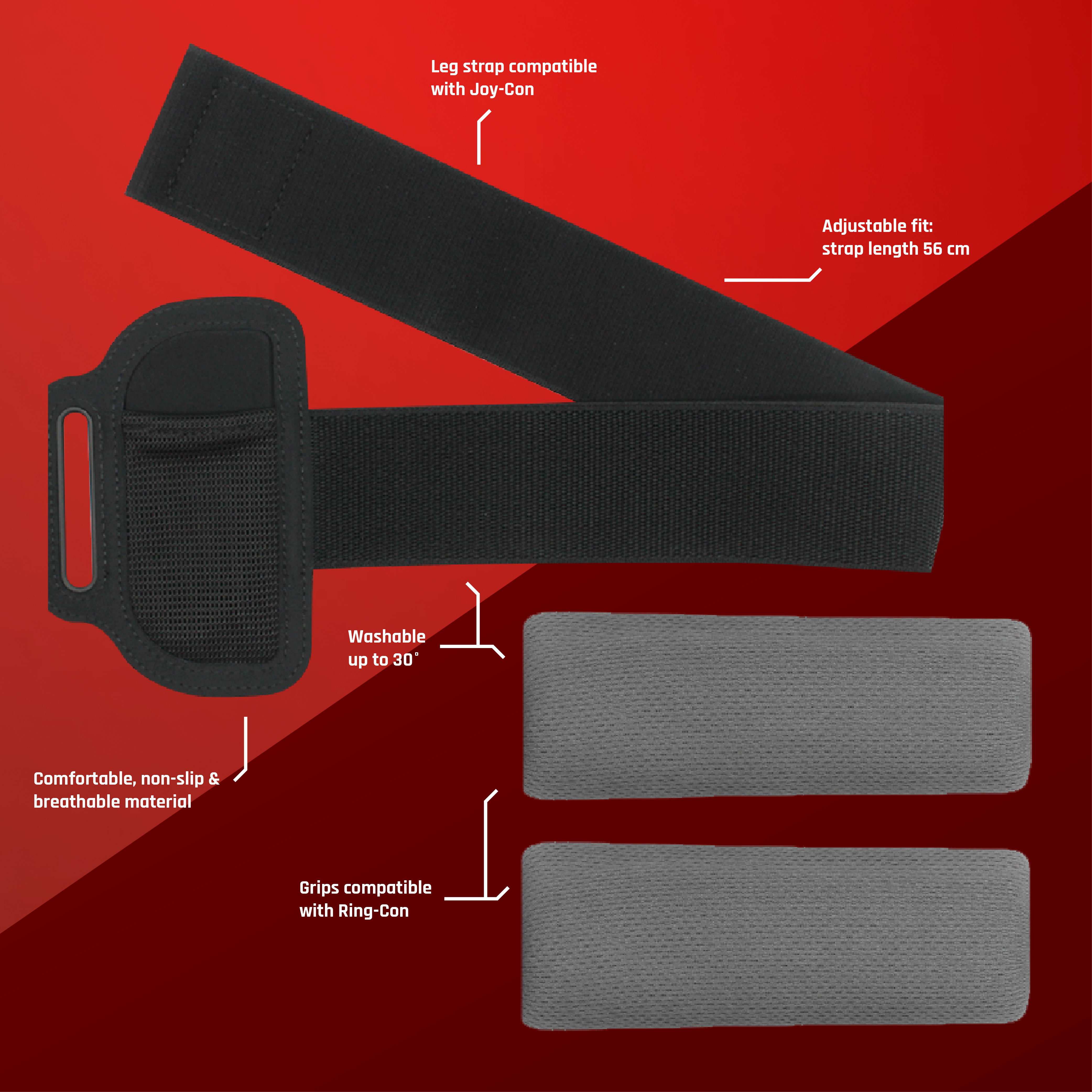 Diagramm eines Beingurts für Joy-Con und Ring-Con. Enthält Gurt und zwei graue Pads.