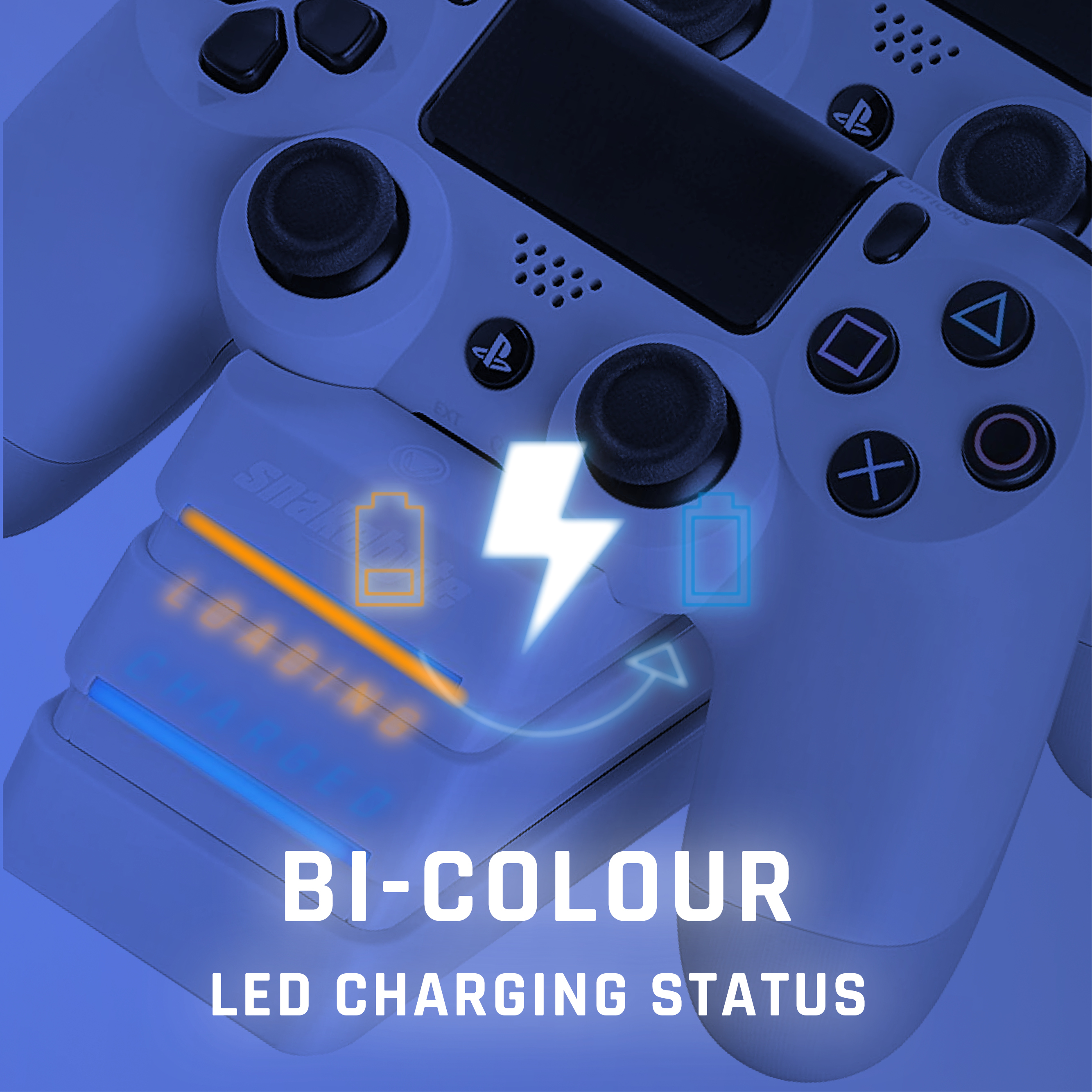 Zwei weiße Gamecontroller liegen auf einer Ladestation mit blauen und orangen Lade-LEDs.