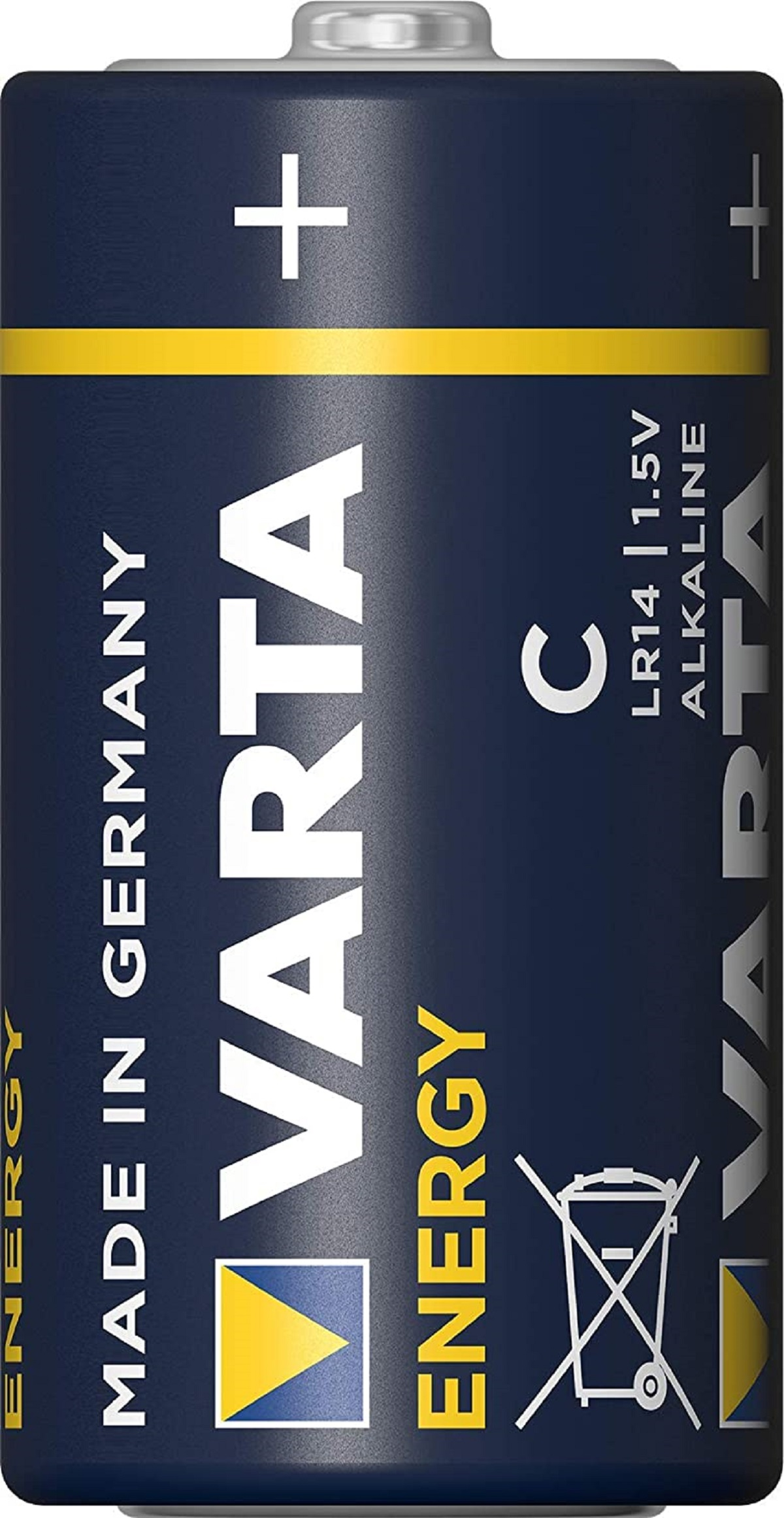 Una batteria Varta C. L'etichetta riporta VARTA ENERGY e MADE IN GERMANY.