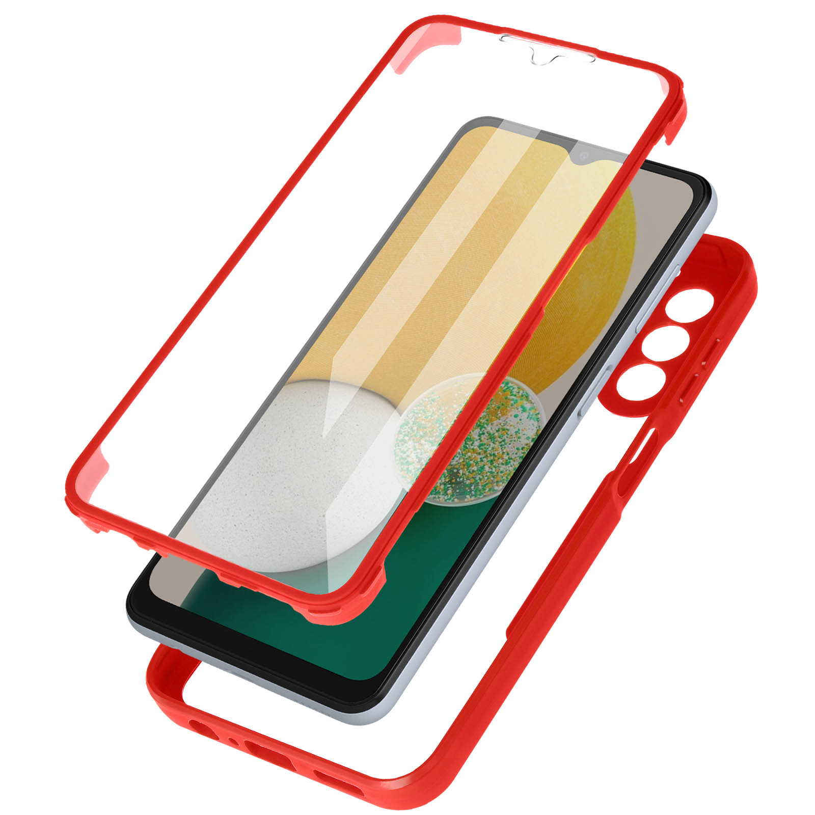Un téléphone avec un étui rouge et un protecteur d'écran séparé.