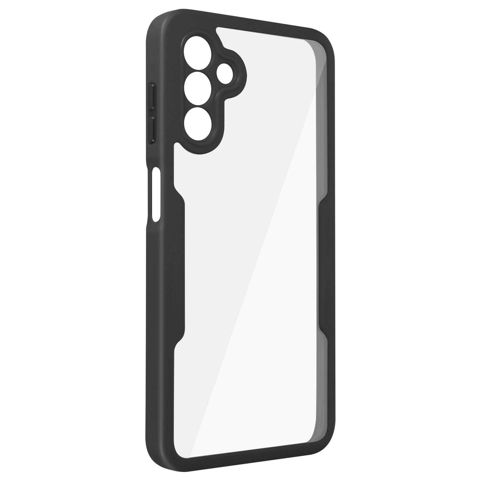 Zwarte telefoonhoes met doorzichtige achterkant. Heeft een camera-uitsparing en knoppen.