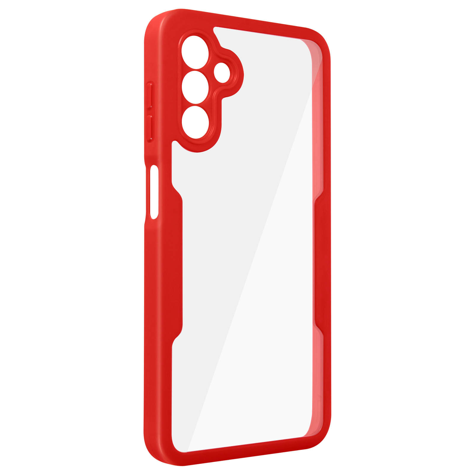 Une coque de téléphone rouge vif avec un dos transparent et des bords surélevés, sur fond blanc.