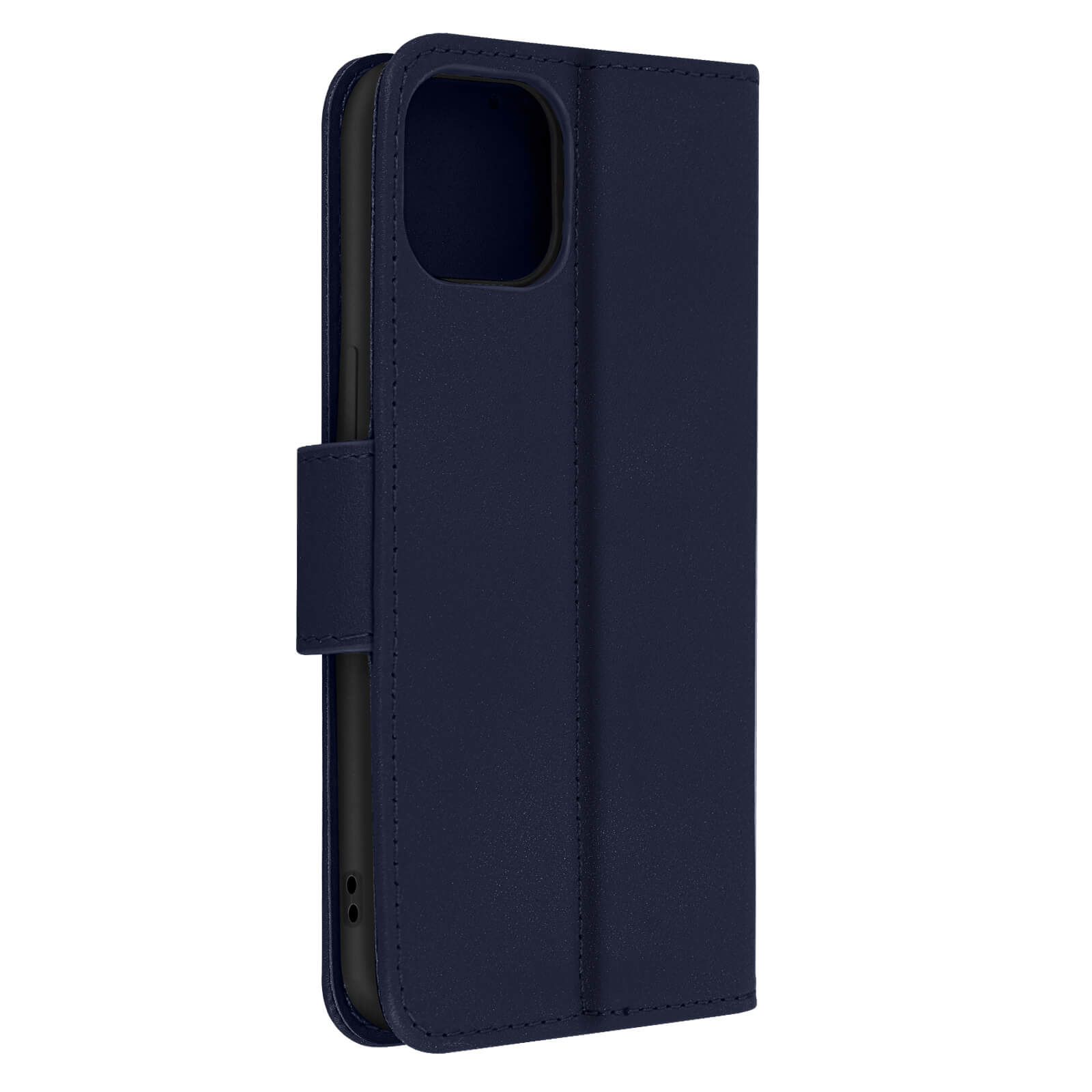 Marineblauwe telefoonhoes, gesloten. Het is een folio-hoes met een magnetische sluiting.