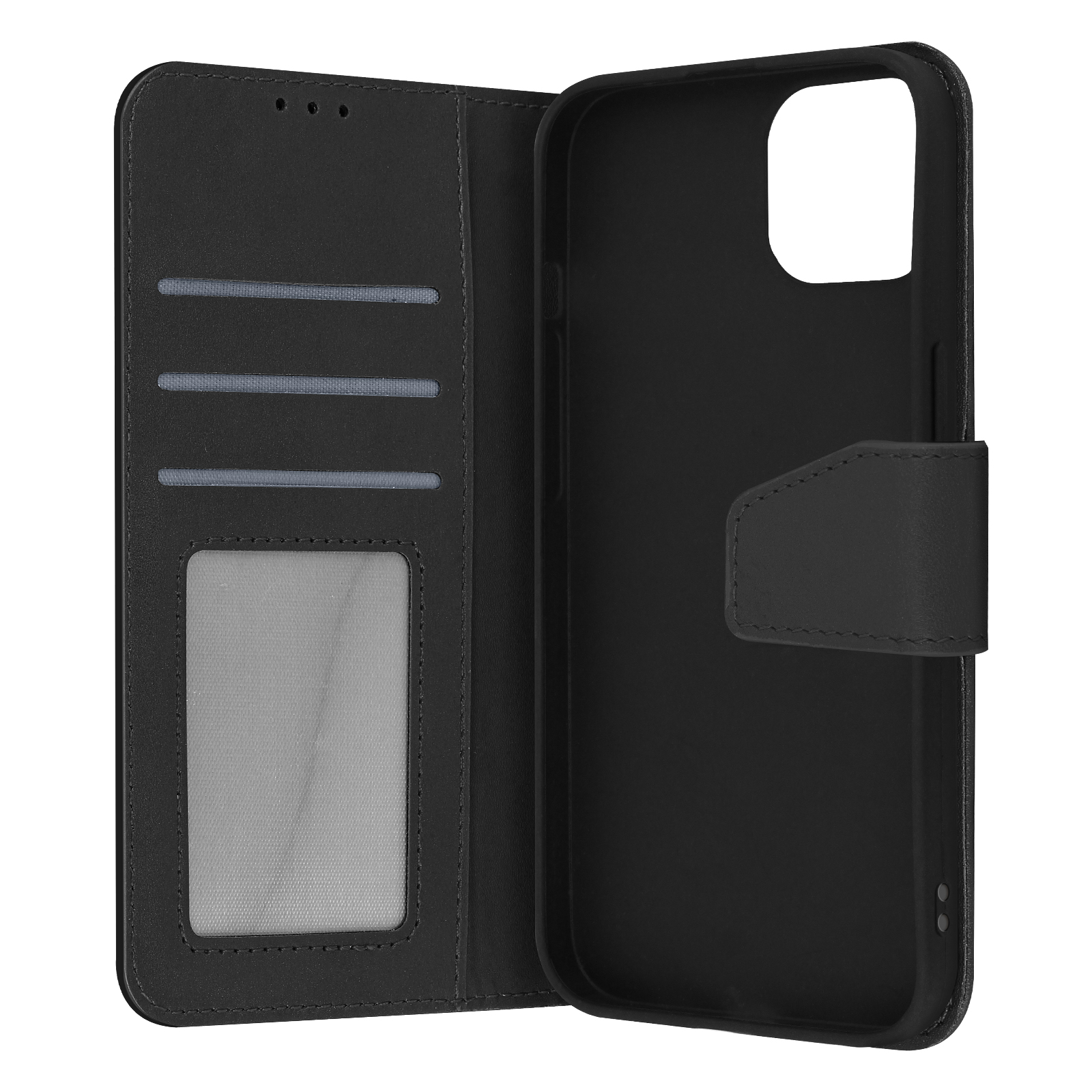Open, zwart telefoonhoesje. Het heeft kaartsleuven en een helder venster voor een ID.