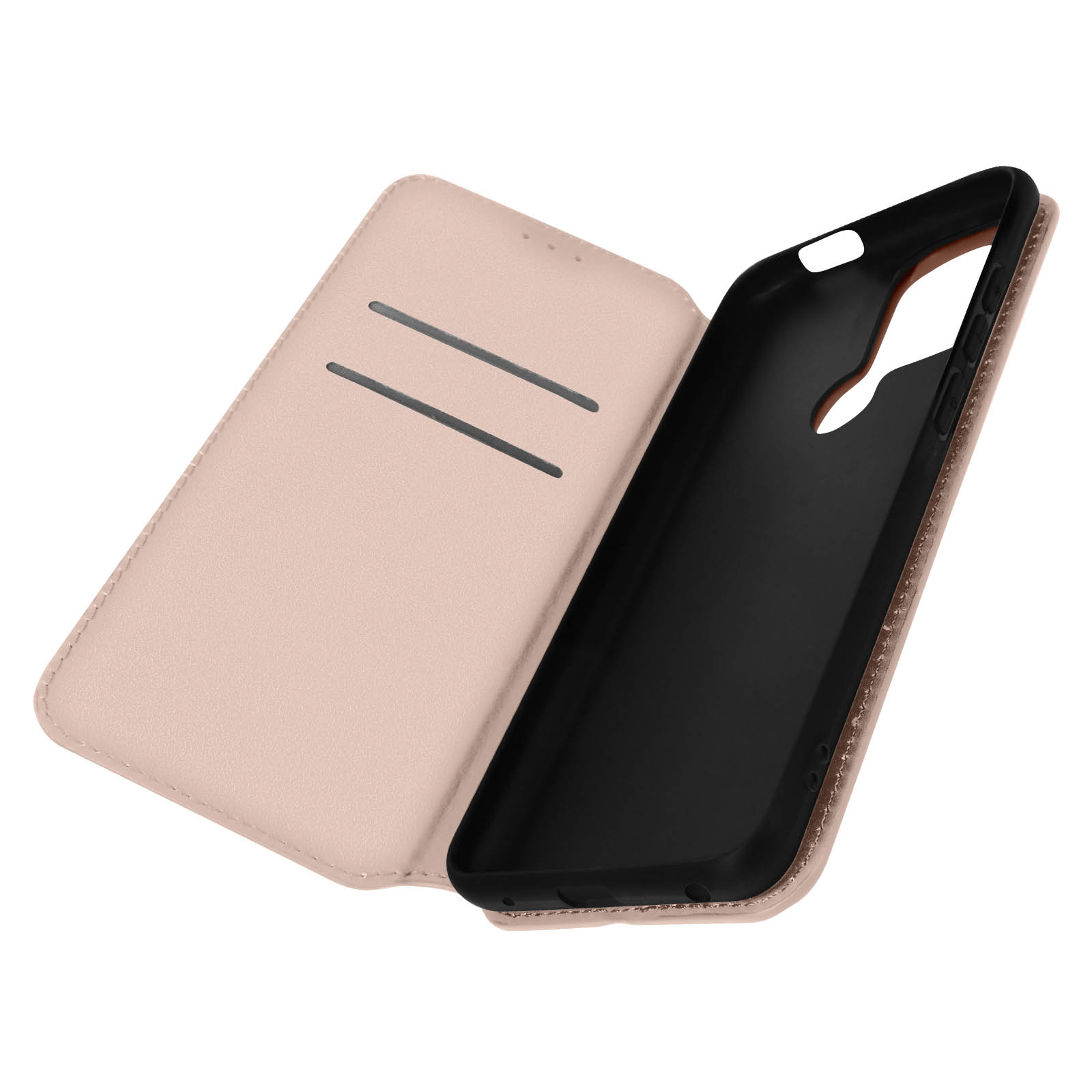 Custodia per telefono rosa aperta con fessure per carte, che rivela un interno nero.