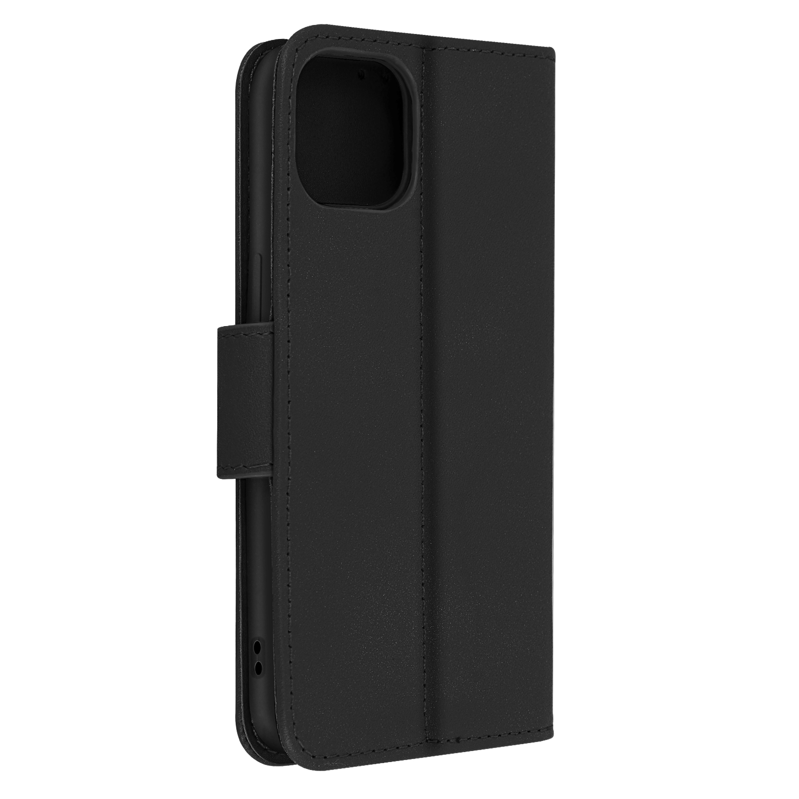 Zwarte telefoonhoes met klepsluiting. Heeft een camera-uitsparing en een magnetische sluiting.