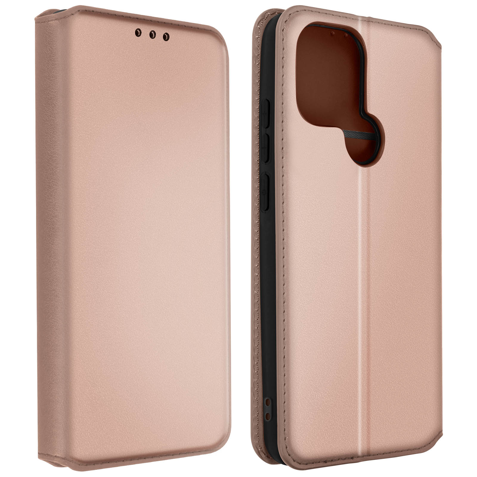 Una custodia per telefono è mostrata aperta e chiusa. La custodia è rosa.