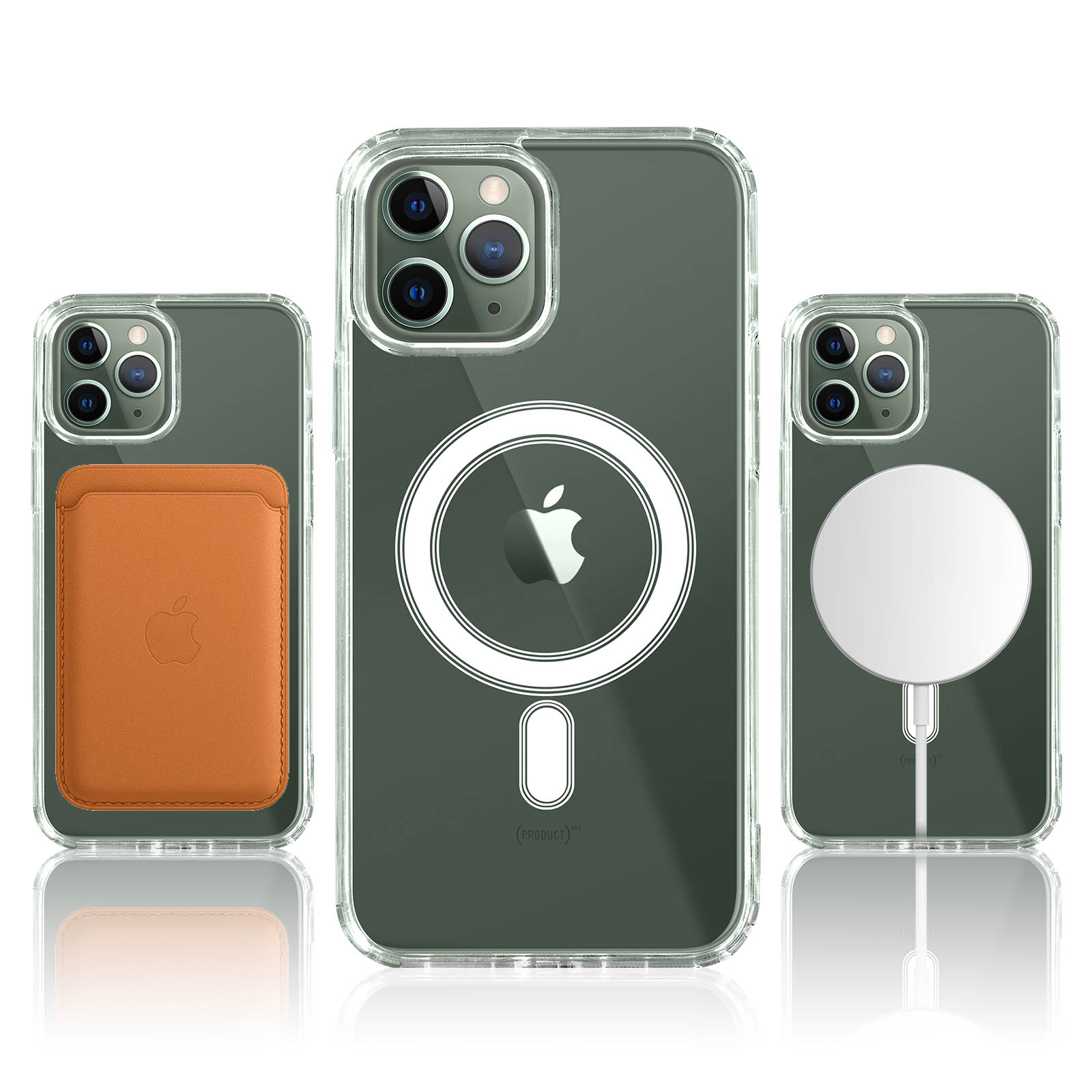 Tre custodie trasparenti per telefono con diversi design, una con porta carte.