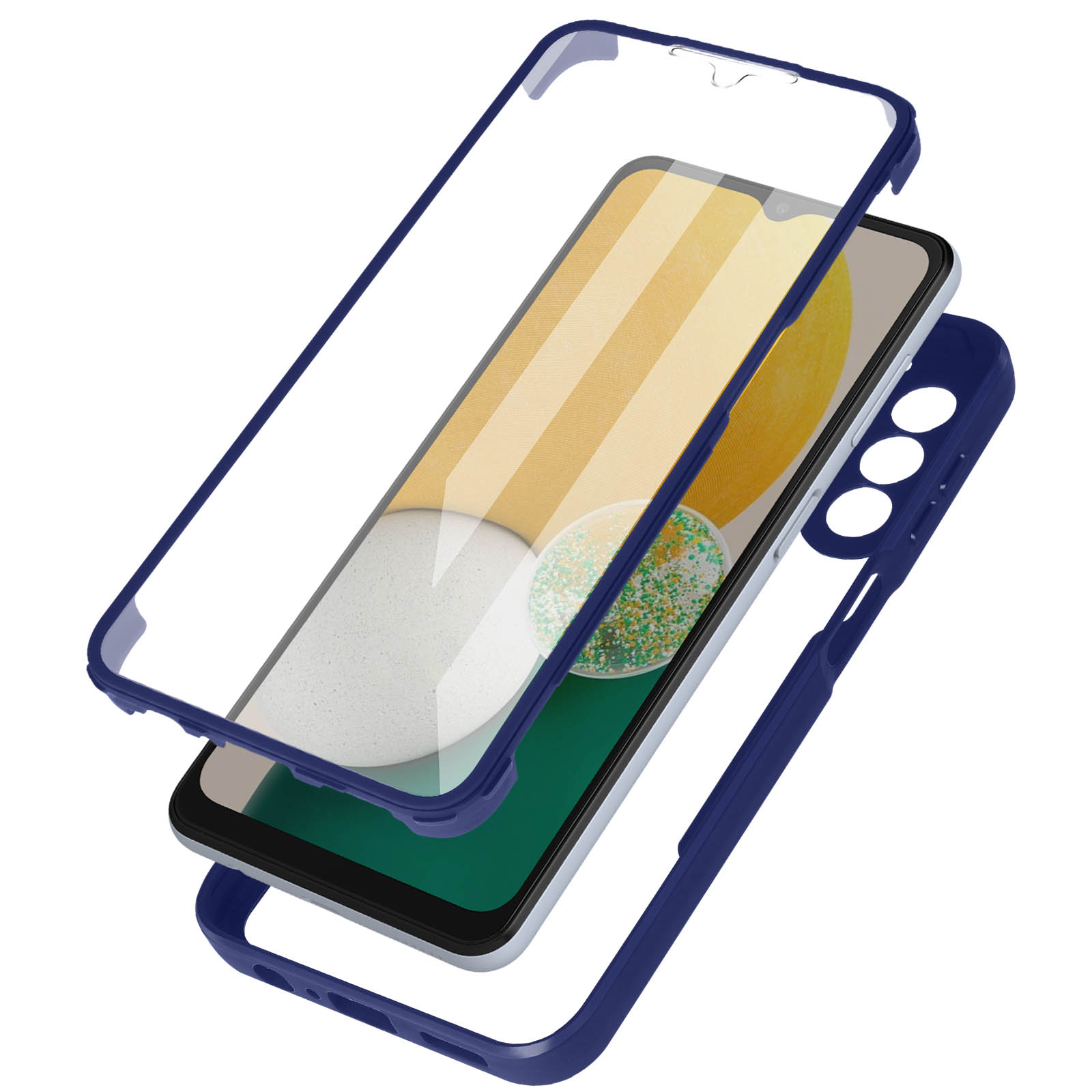 Coque de téléphone démontée, cadre bleu. Écran du téléphone visible. Couvercle en plastique transparent.