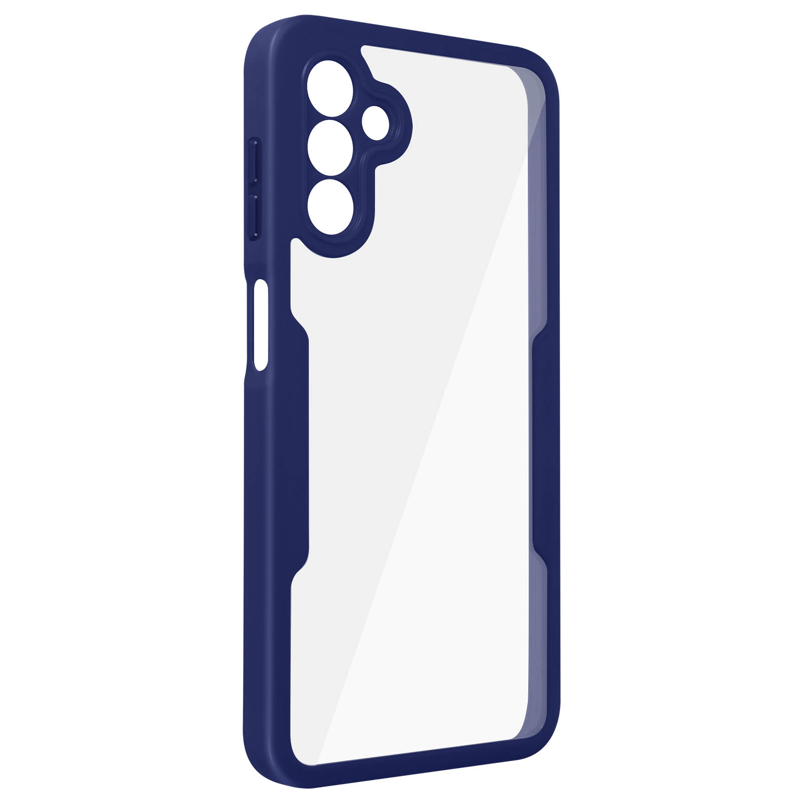 Une coque de téléphone bleue avec un dos transparent. Le trou de la caméra est visible, sur fond blanc.