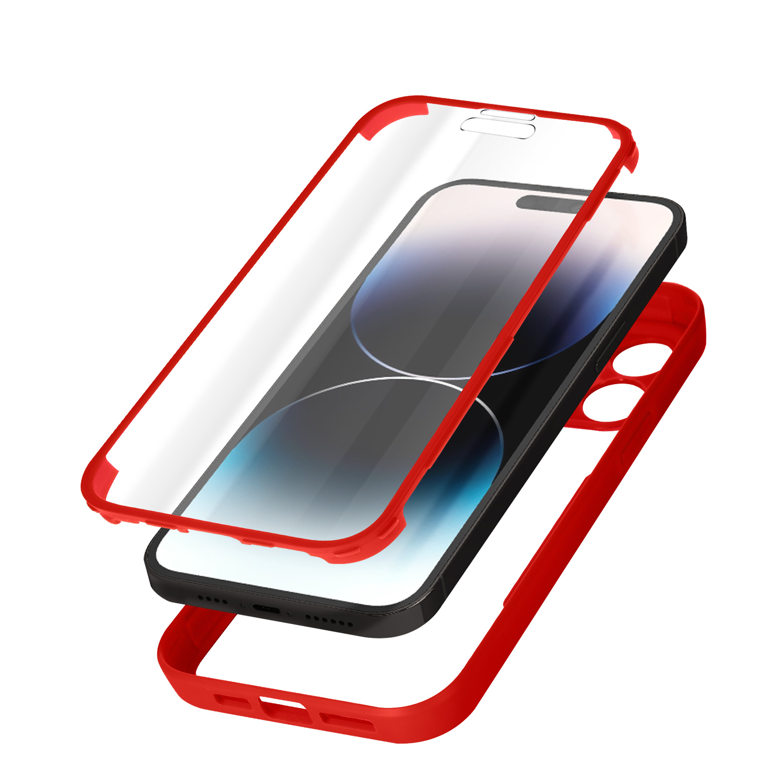 Telefoonhoes met schermbeschermer. Rode en zwarte frames. Witte achtergrond.