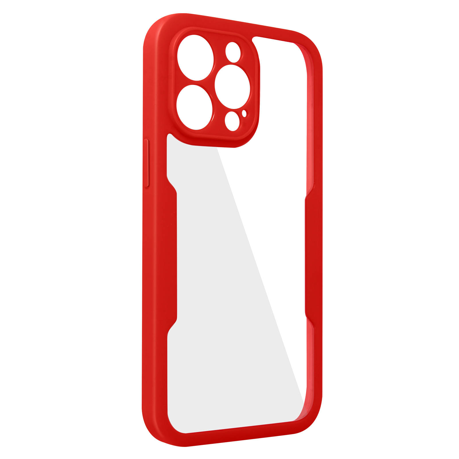 Een rode telefoonhoes met een doorzichtige achterkant en een rood frame. De hoes heeft een camera-uitsparing en zijknoppen.