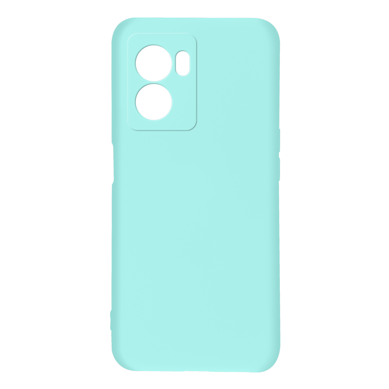Custodia per telefono azzurra. Ha un ritaglio per la fotocamera. La custodia è azzurra.