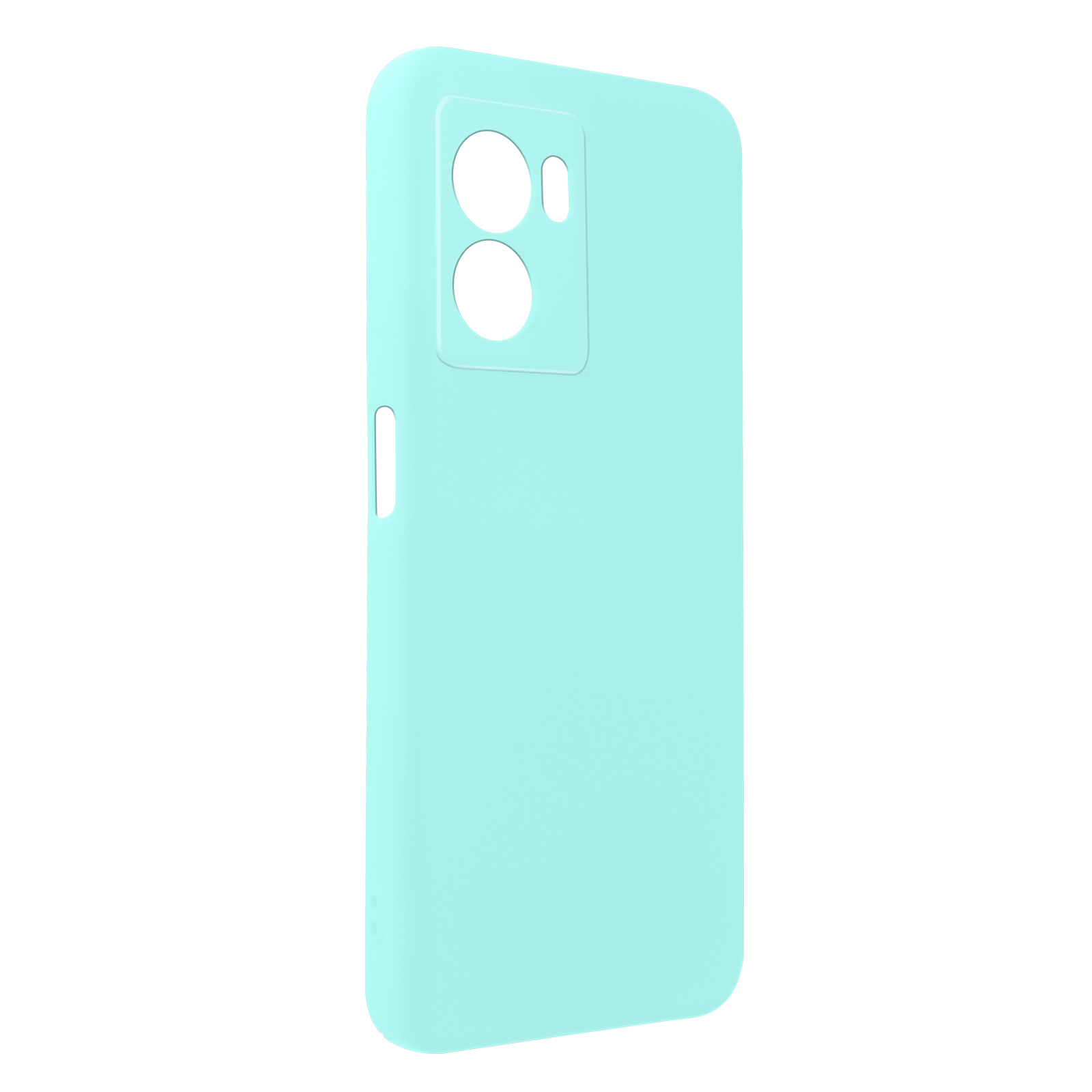 Custodia per telefono azzurra, ritagli per fotocamera, vista angolata, su sfondo bianco.