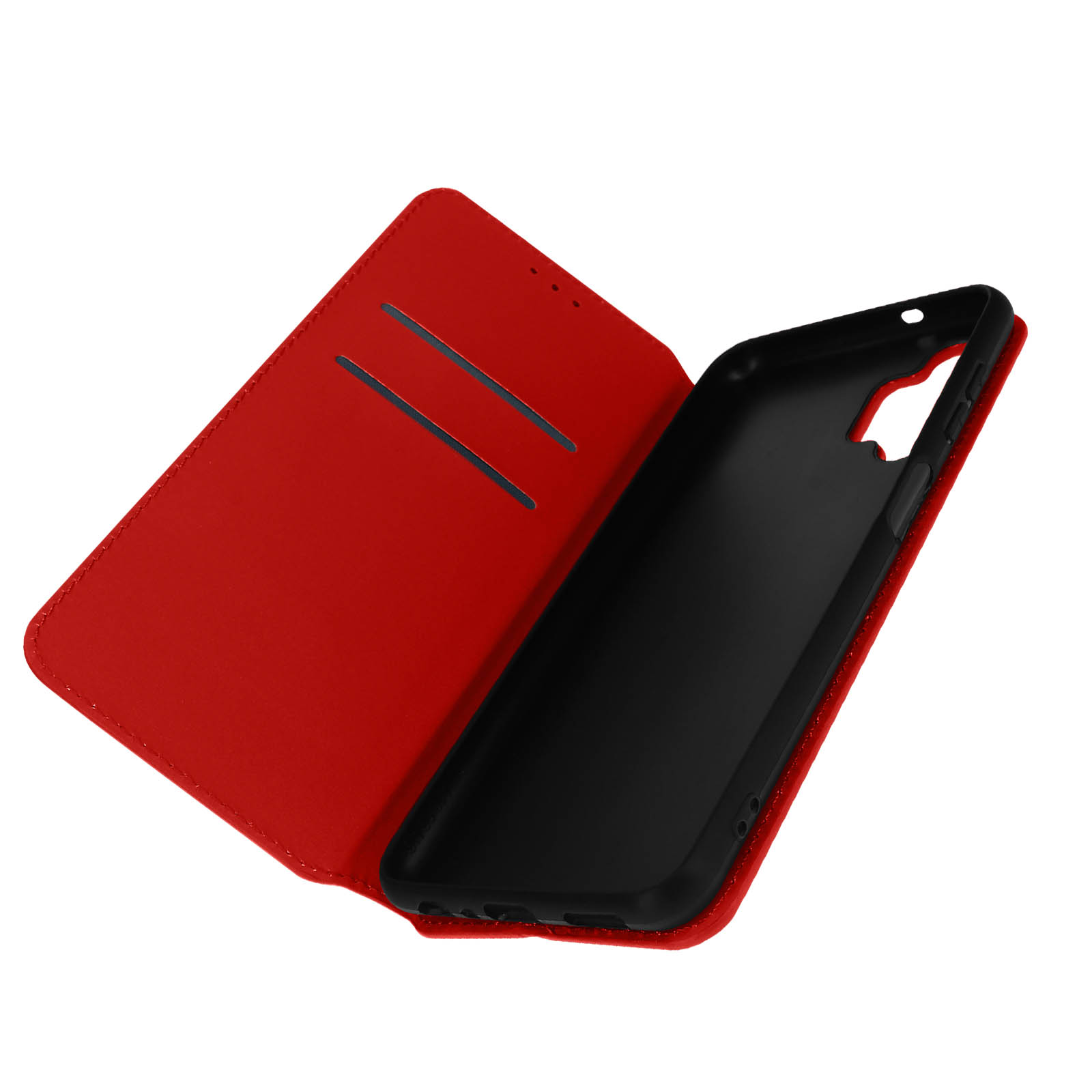 Custodia per telefono rossa, aperta per mostrare l'interno del telefono con due slot per schede.