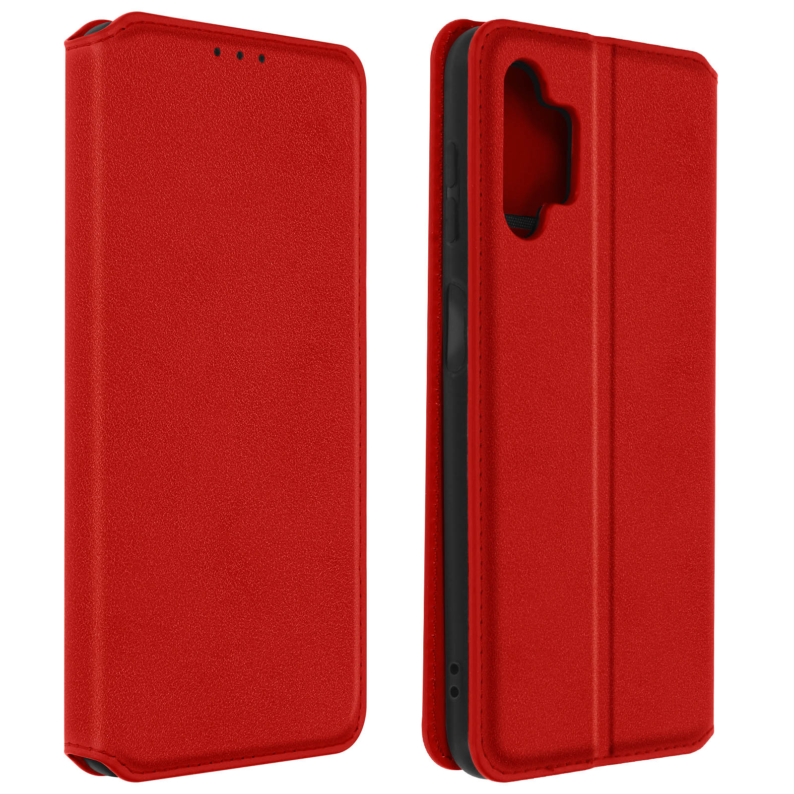 Una custodia per telefono rossa, mostrata aperta e chiusa. La custodia è davanti a uno sfondo bianco.