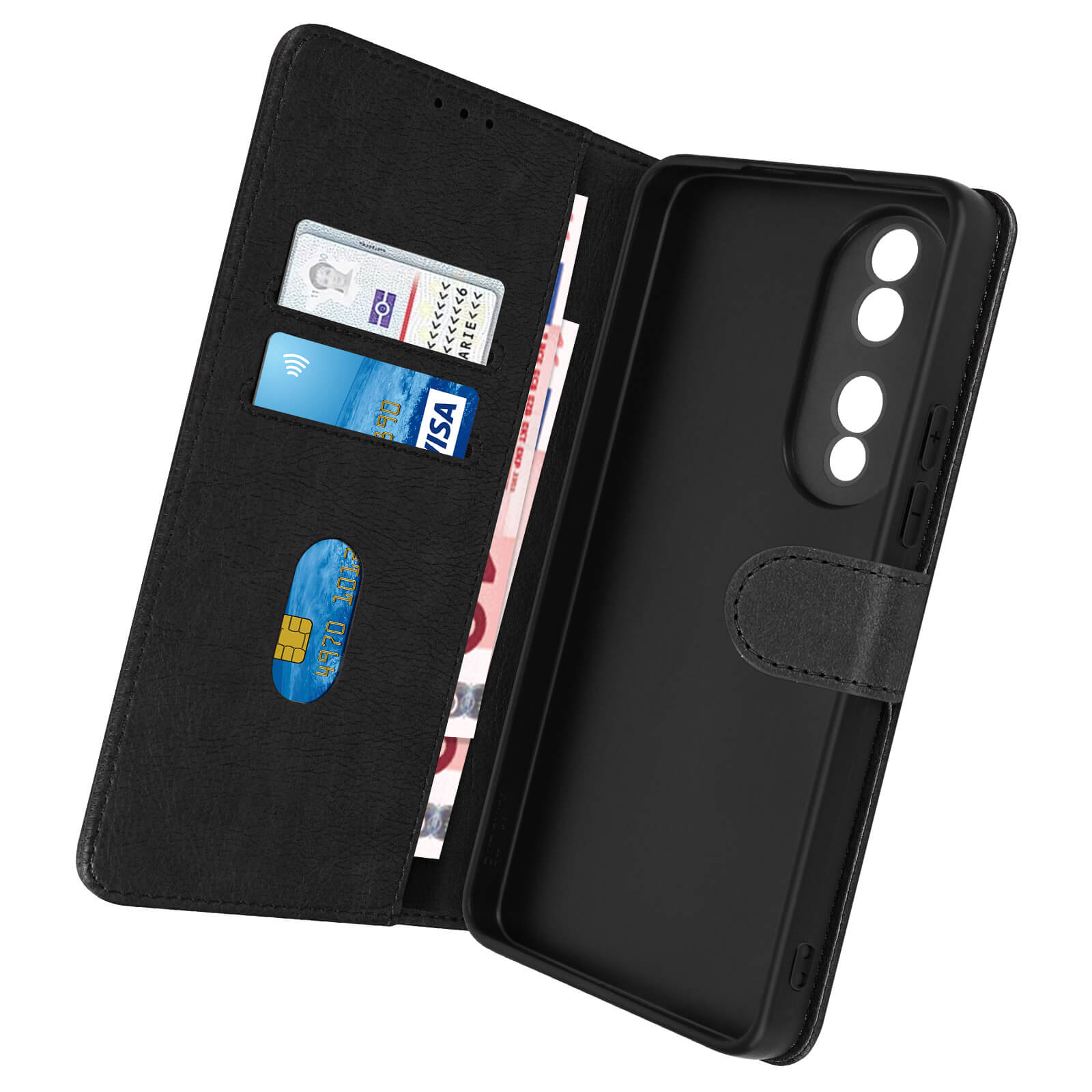 Custodia per telefono nera aperta, con carte e contanti visibili. Interno nero, esterno marrone.