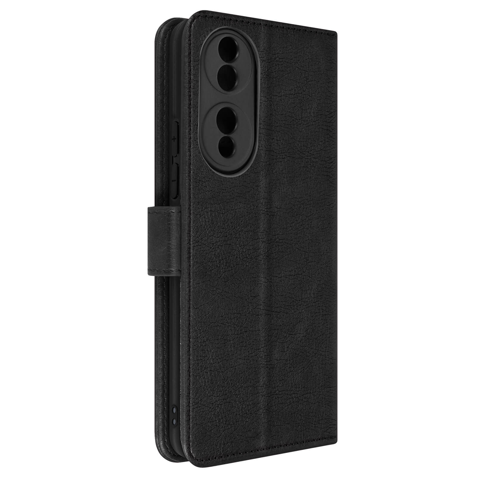Una custodia per telefono nera con una trama in pelle. Ha un ritaglio per la fotocamera e un fermaglio.
