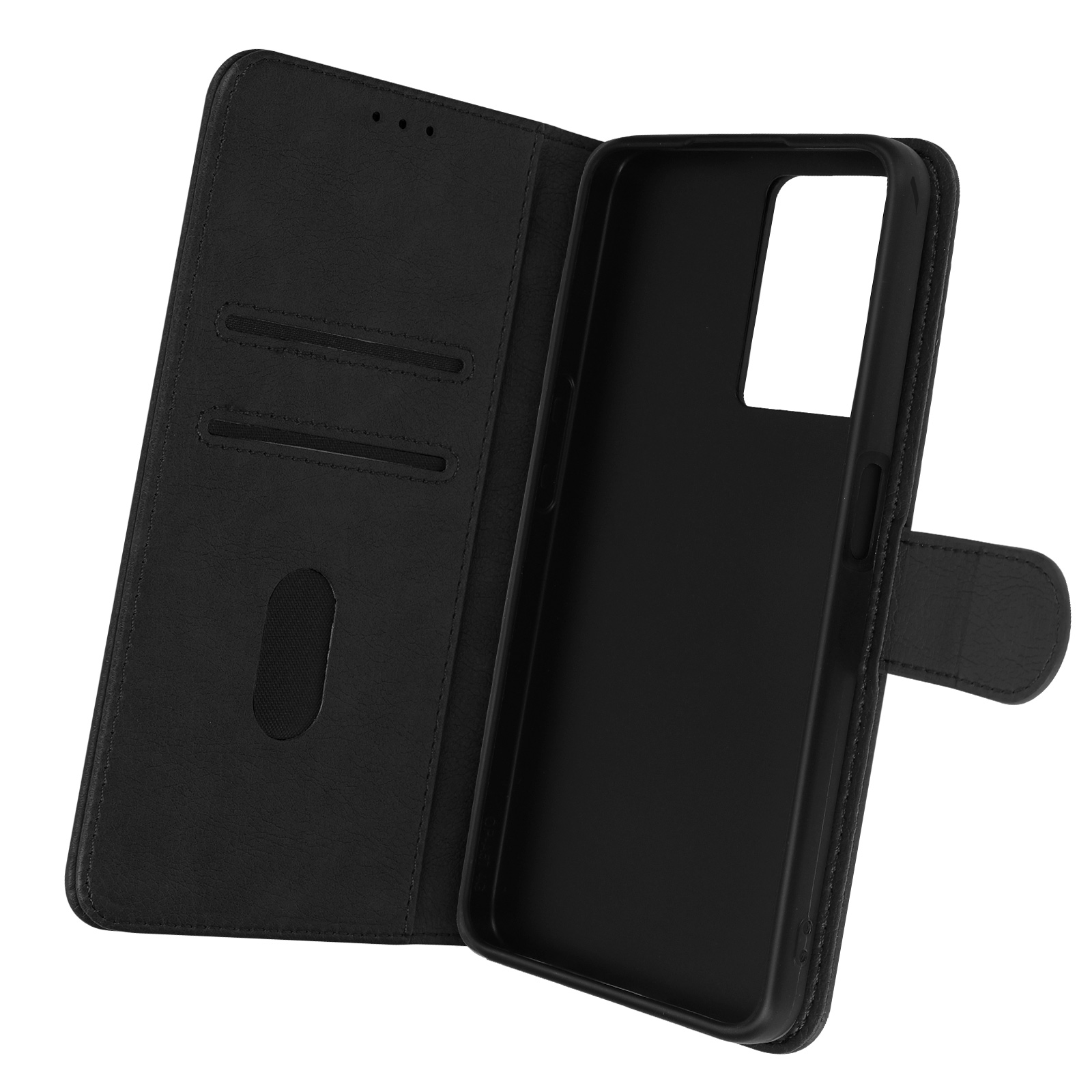 Custodia per telefono nera, aperta, con fessura per carte. La custodia è in similpelle e rivela l'interno.
