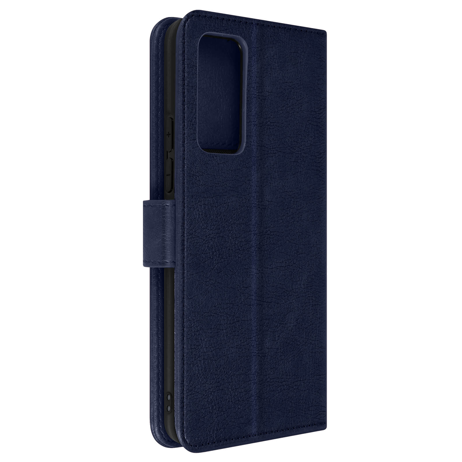 Marineblaue Handyhülle, offen, mit Telefonfach, Magnetverschluss und strukturierter Oberfläche.