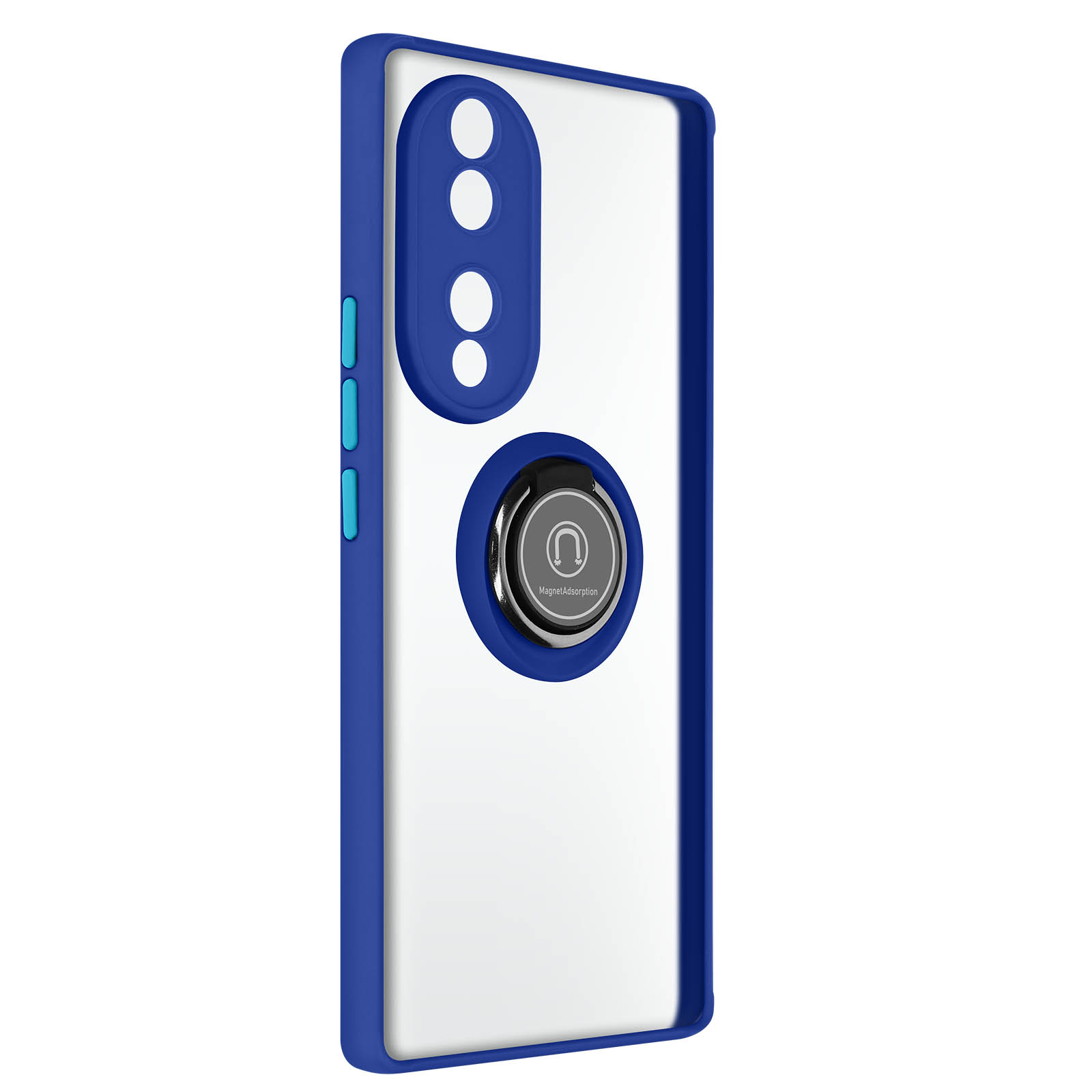 Una custodia per telefono con cornice blu e anello argentato. Il retro è bianco. Pulsanti blu sul lato.