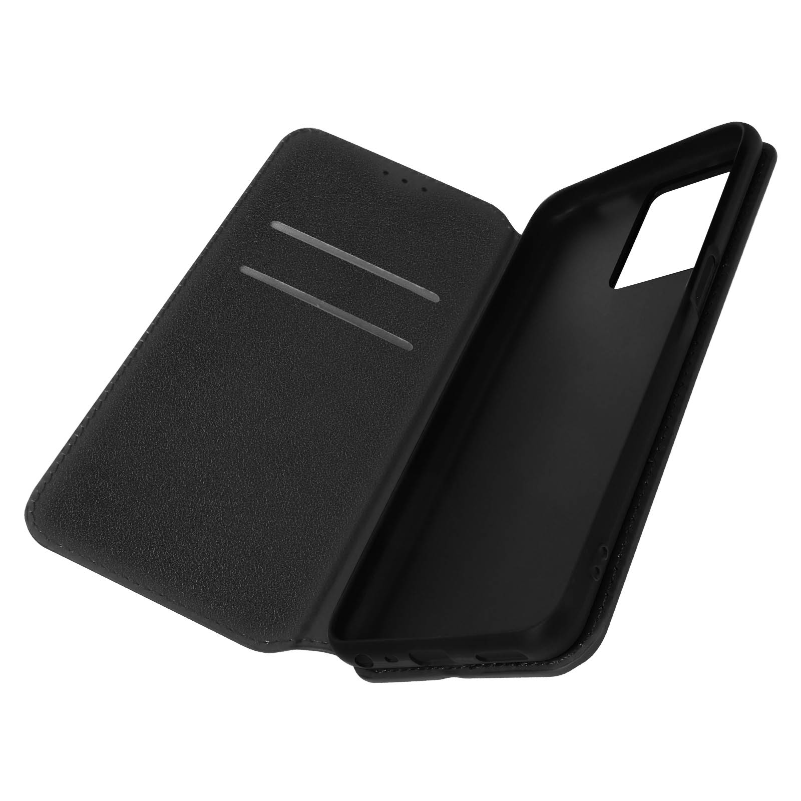 Custodia per telefono nera, aperta, con un telefono all'interno. La custodia ha fessure per carte.