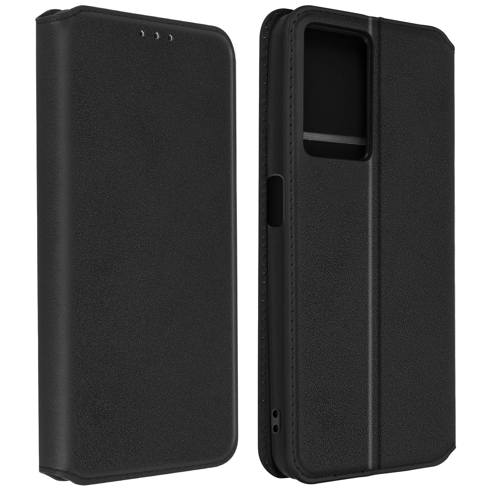 Due custodie per telefono in pelle nera sono esposte aperte e chiuse, mostrando il telefono all'interno.