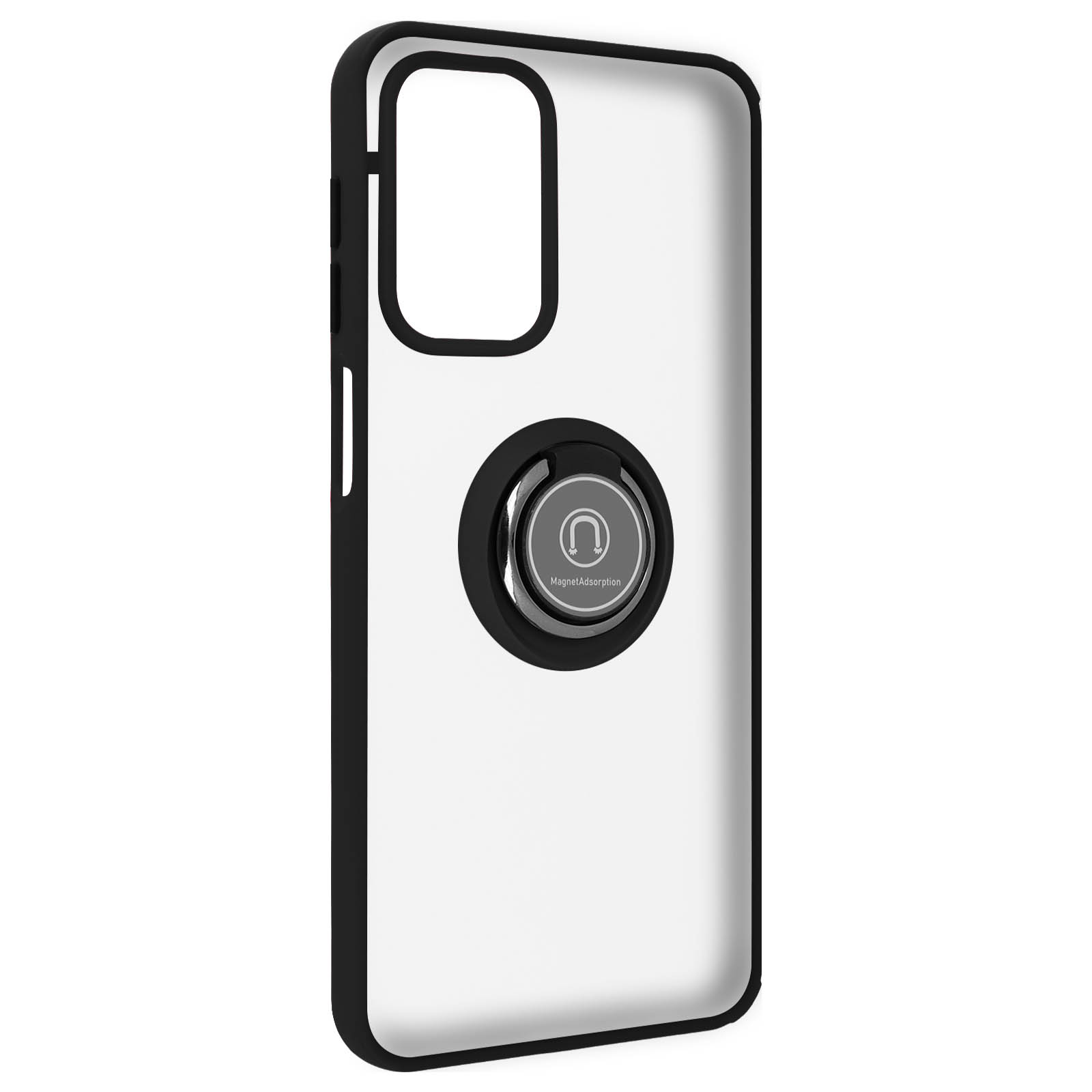 Una custodia per telefono nera con un supporto ad anello, con interno bianco.