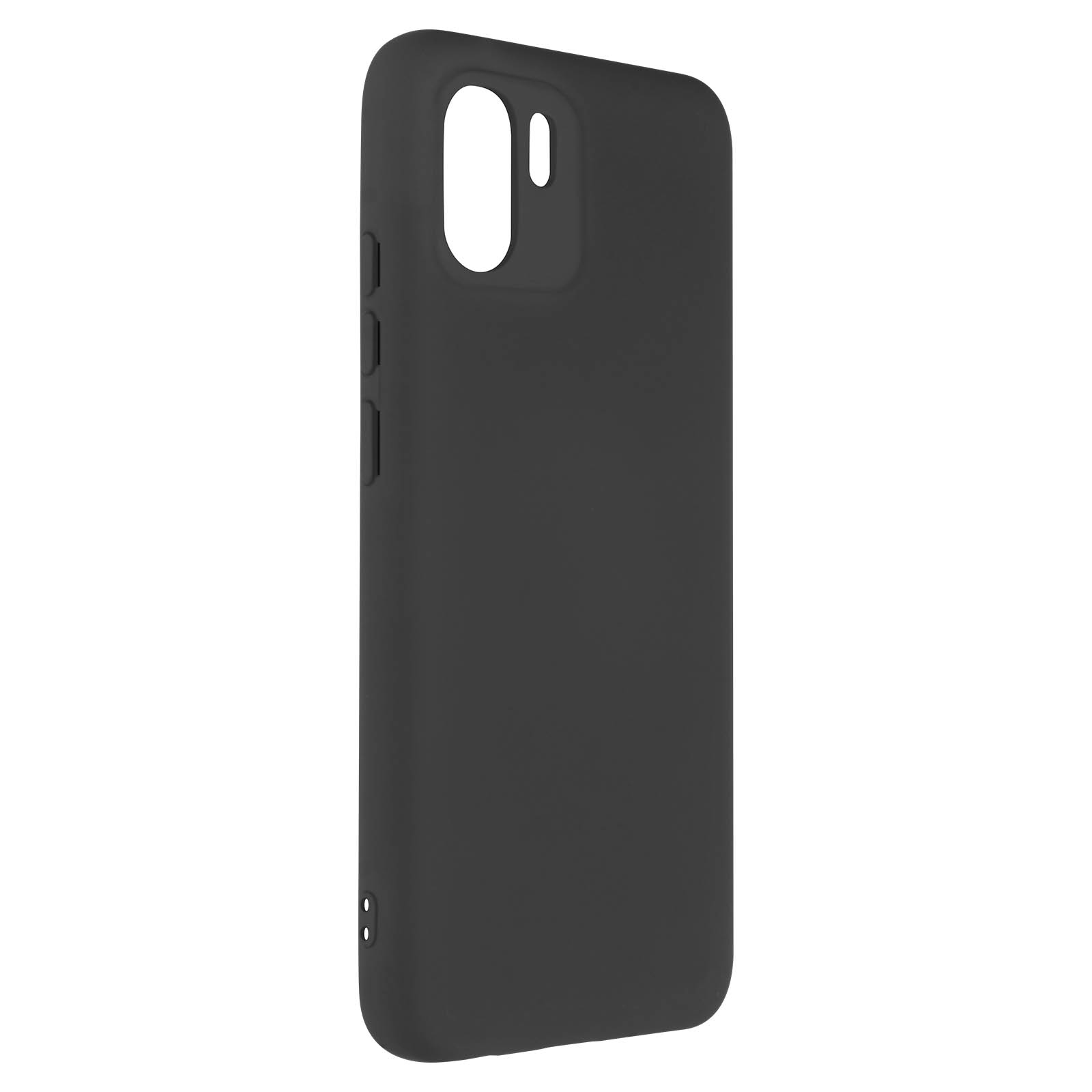 Una custodia per telefono nera. La custodia ha ritagli per la fotocamera e pulsanti sul lato.