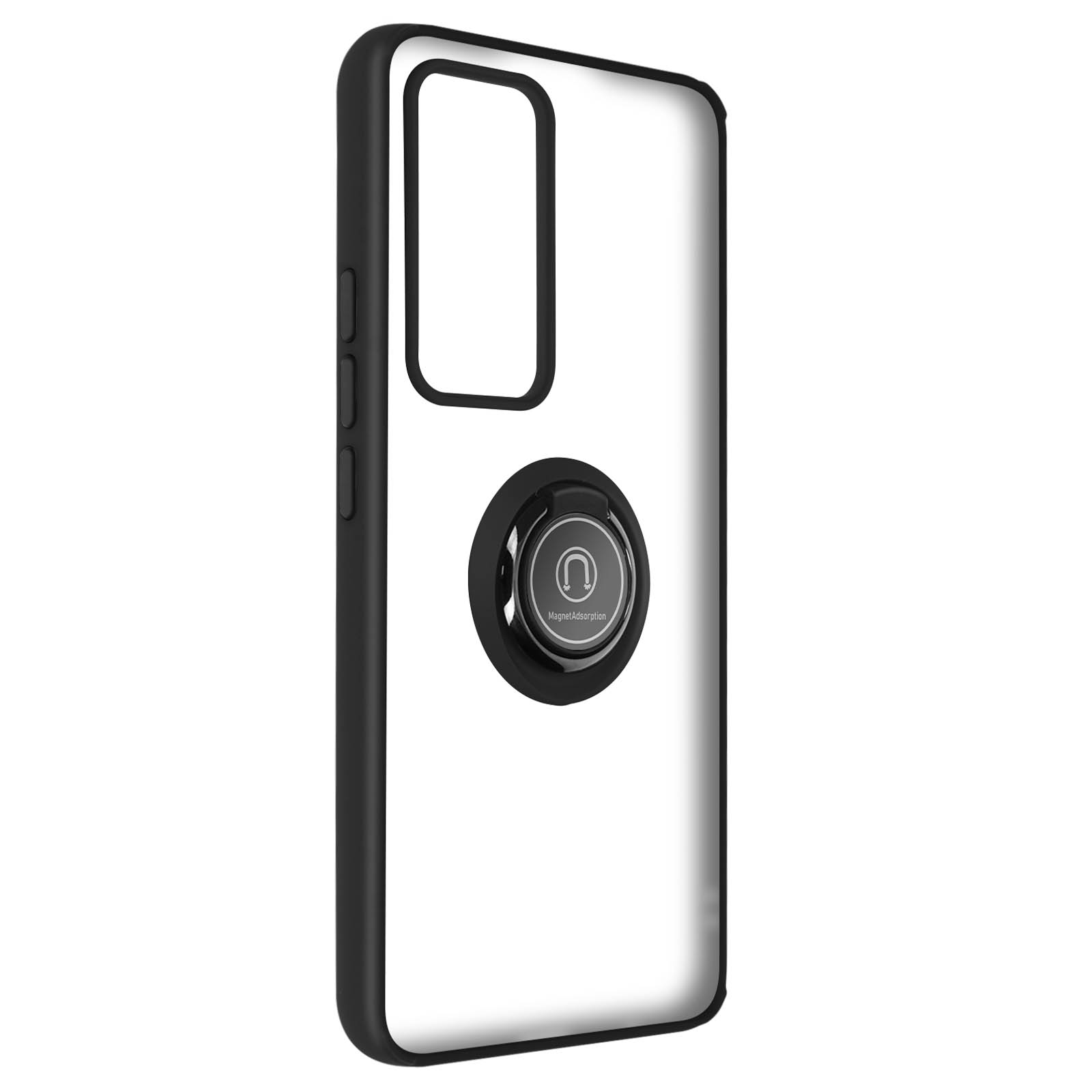 Un telefono in una custodia trasparente con una cornice nera. La custodia ha un anello portachiavi.