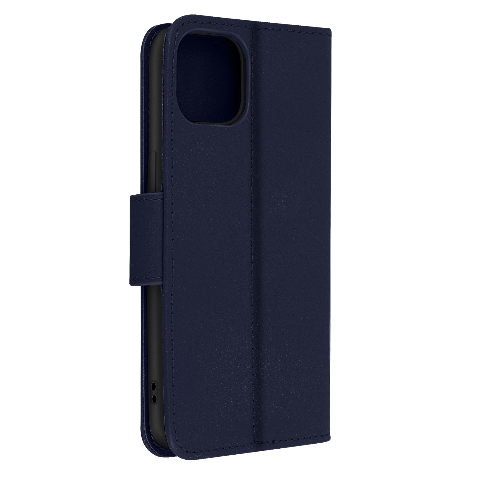 Blauwe leren telefoonhoes, gesloten, met magneetsluiting. Zwarte telefoon binnenin.