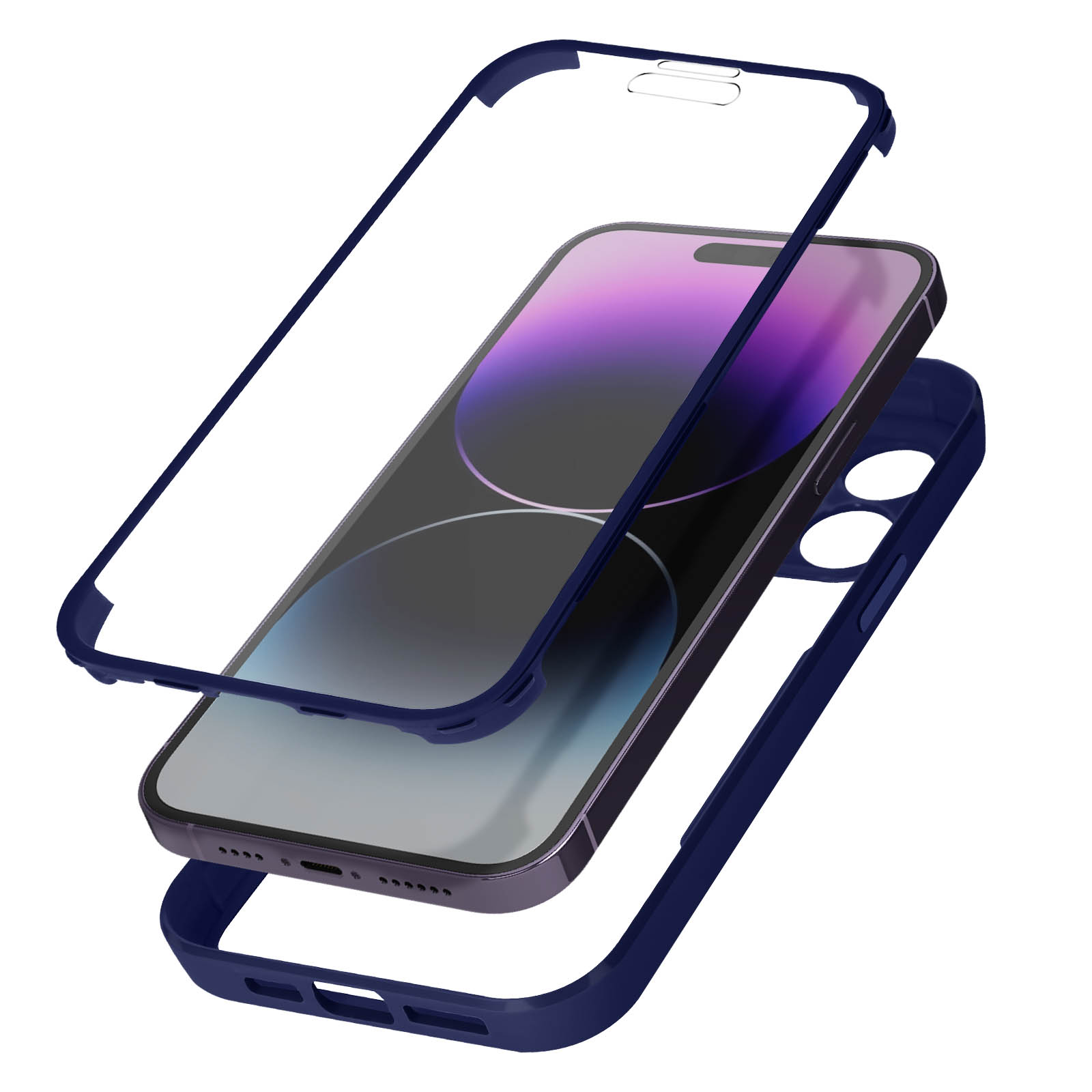 Donkerblauwe telefooncomponenten, schermbeschermer en telefoonhoes zijn gelaagd, de telefoon wordt getoond.