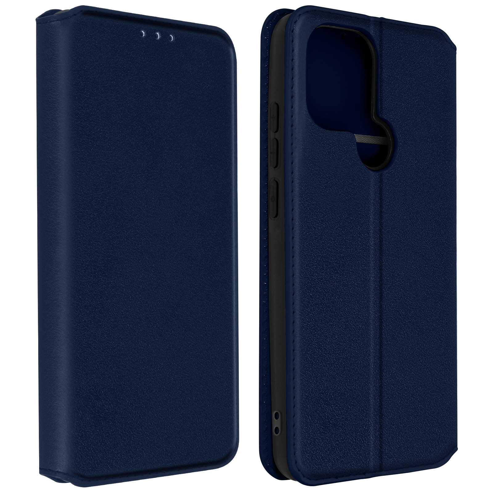 Custodia blu navy, aperta per mostrare l'interno.