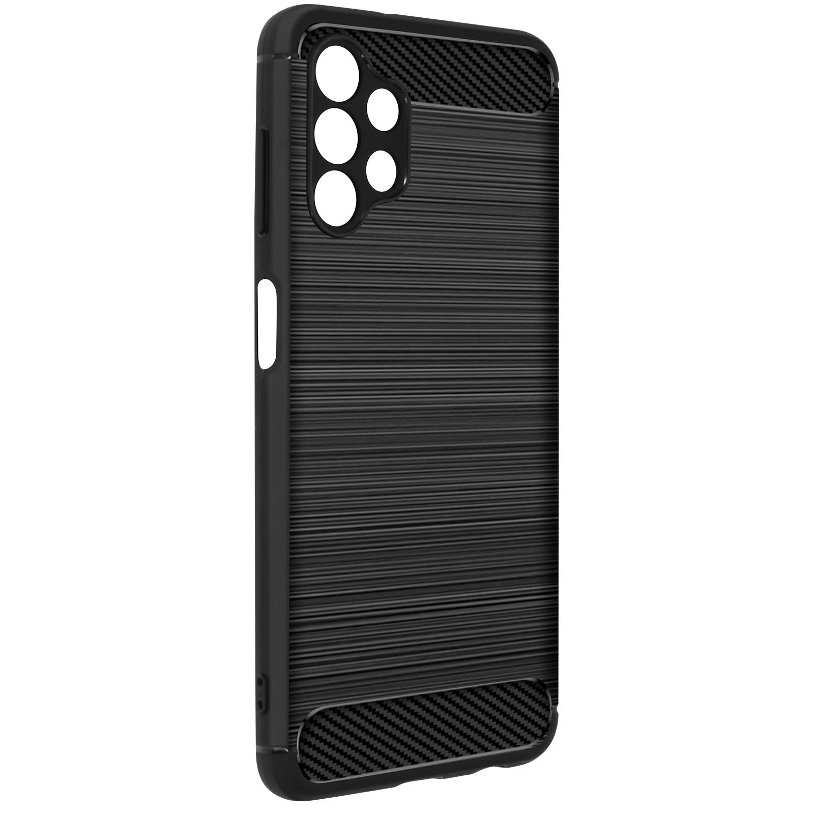 Schwarze Handyhülle mit strukturiertem Design. Sie hat horizontale Linien und Carbonfaser-Akzente.