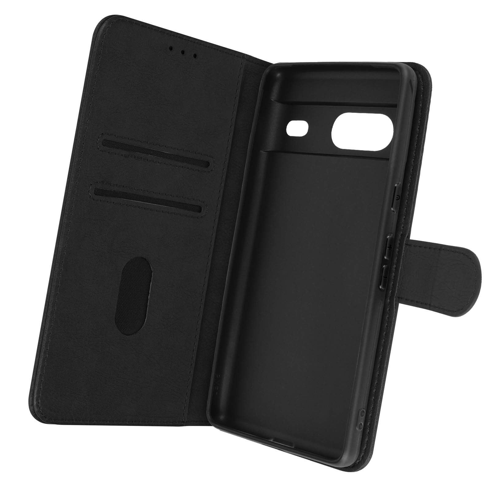 Una custodia per telefono in pelle nera aperta per mostrare l'interno. C'è una tasca per le carte.