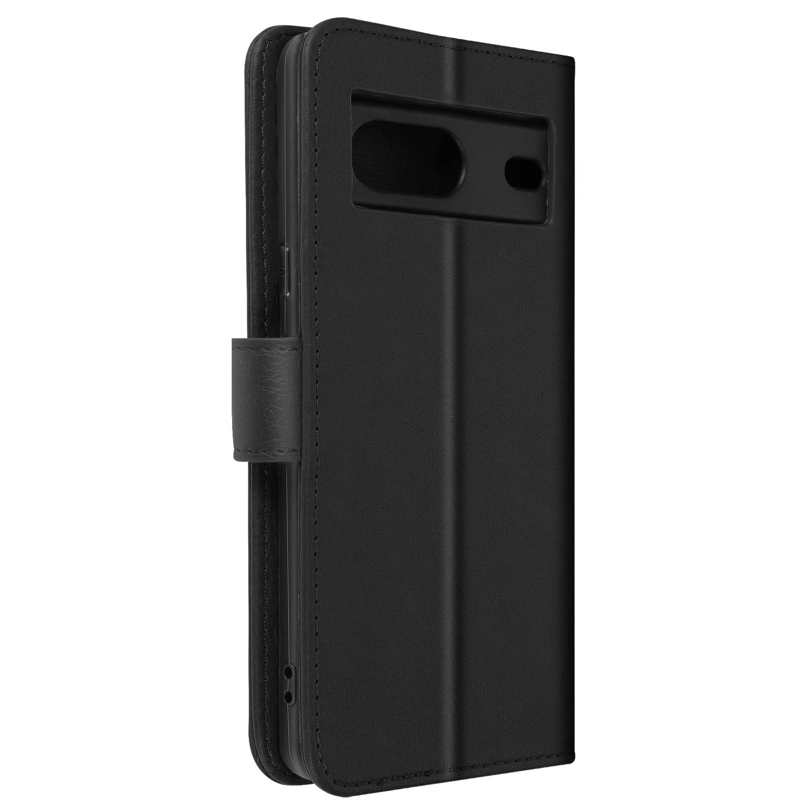 Custodia nera per telefono con patta, fibbia e un ritaglio per la fotocamera sul retro.