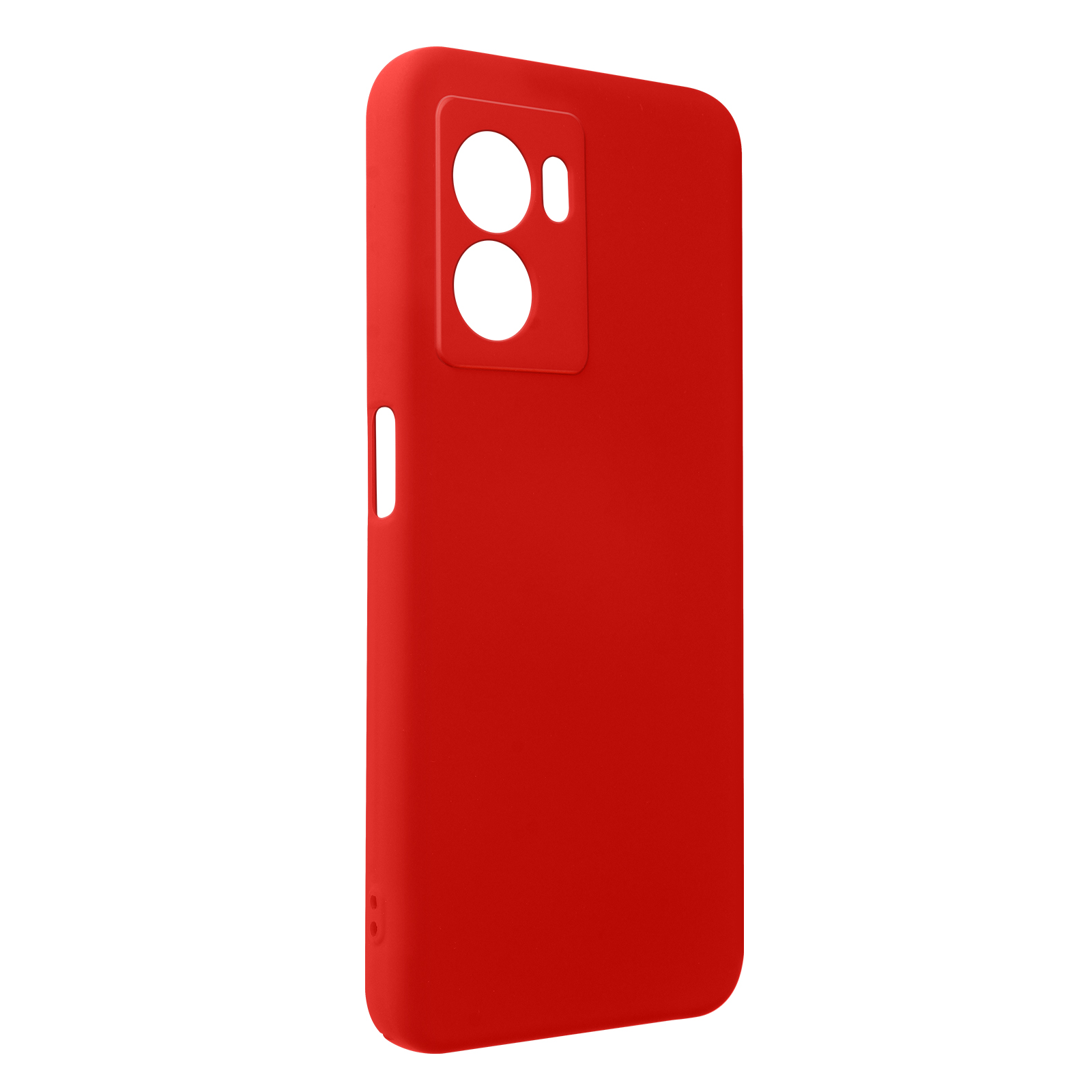 Una custodia rossa per telefono con due fori per la fotocamera, un pulsante laterale e una finitura opaca.