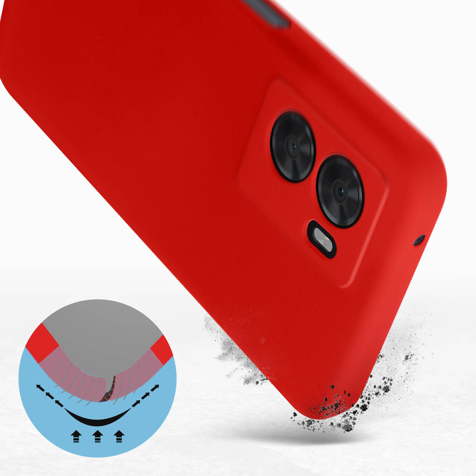 Custodia rossa per telefono che mostra la protezione dagli urti.