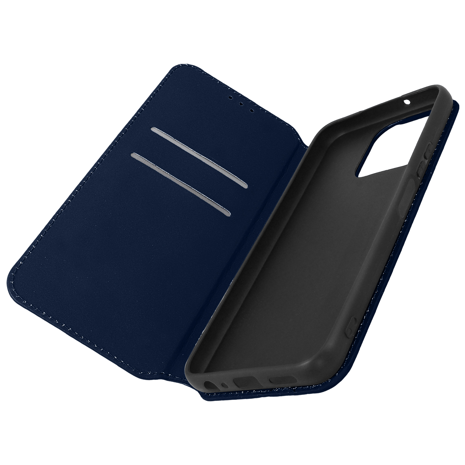 Un étui de téléphone bleu ouvert avec des fentes pour cartes, sur fond blanc.