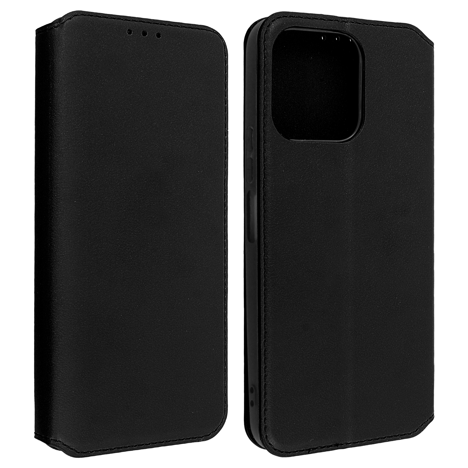 Coque de téléphone noire, fermée, avec 3 trous en haut, et le téléphone à droite.
