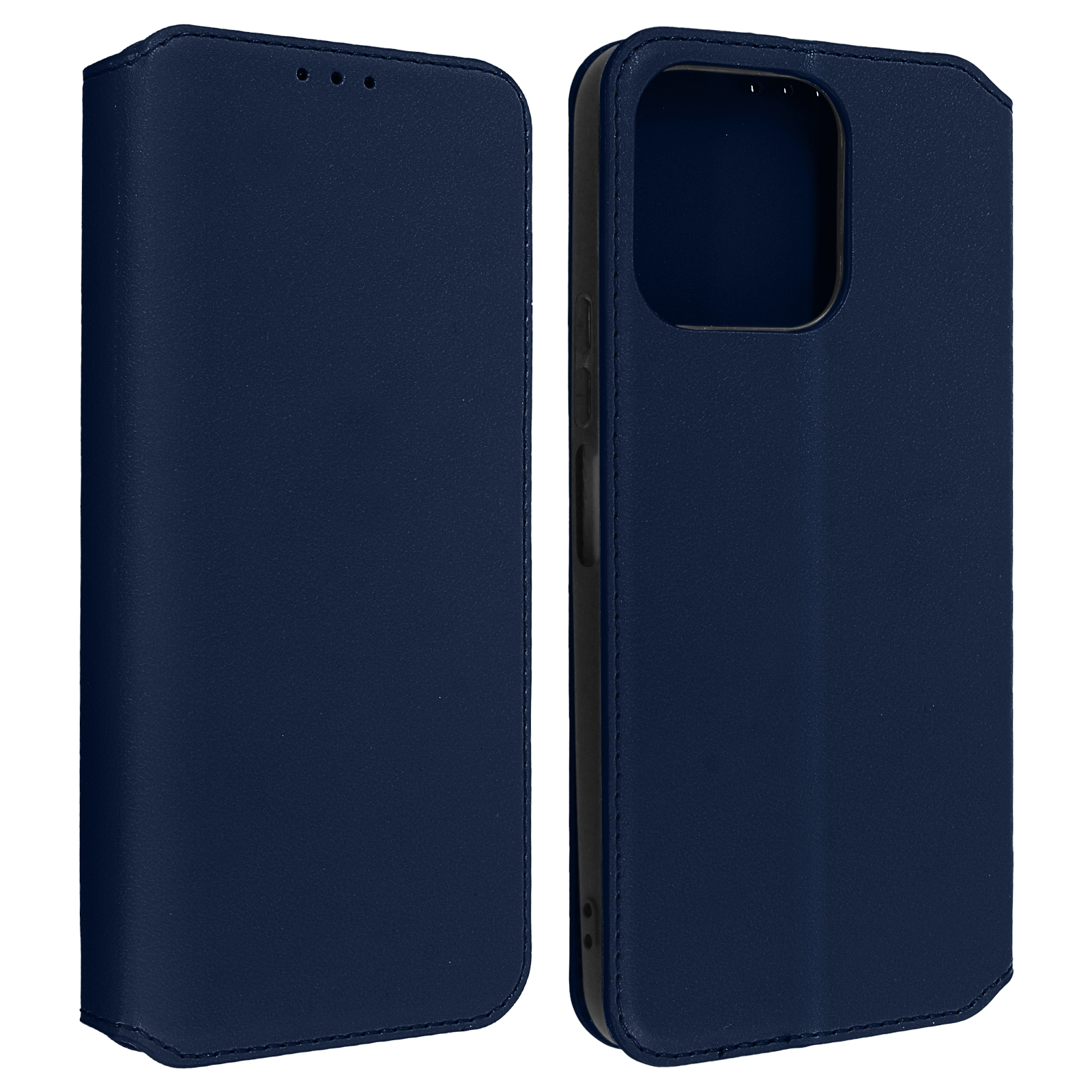 Deux étuis de téléphone en cuir bleu sont affichés ouverts et fermés, montrant le téléphone à l'intérieur.