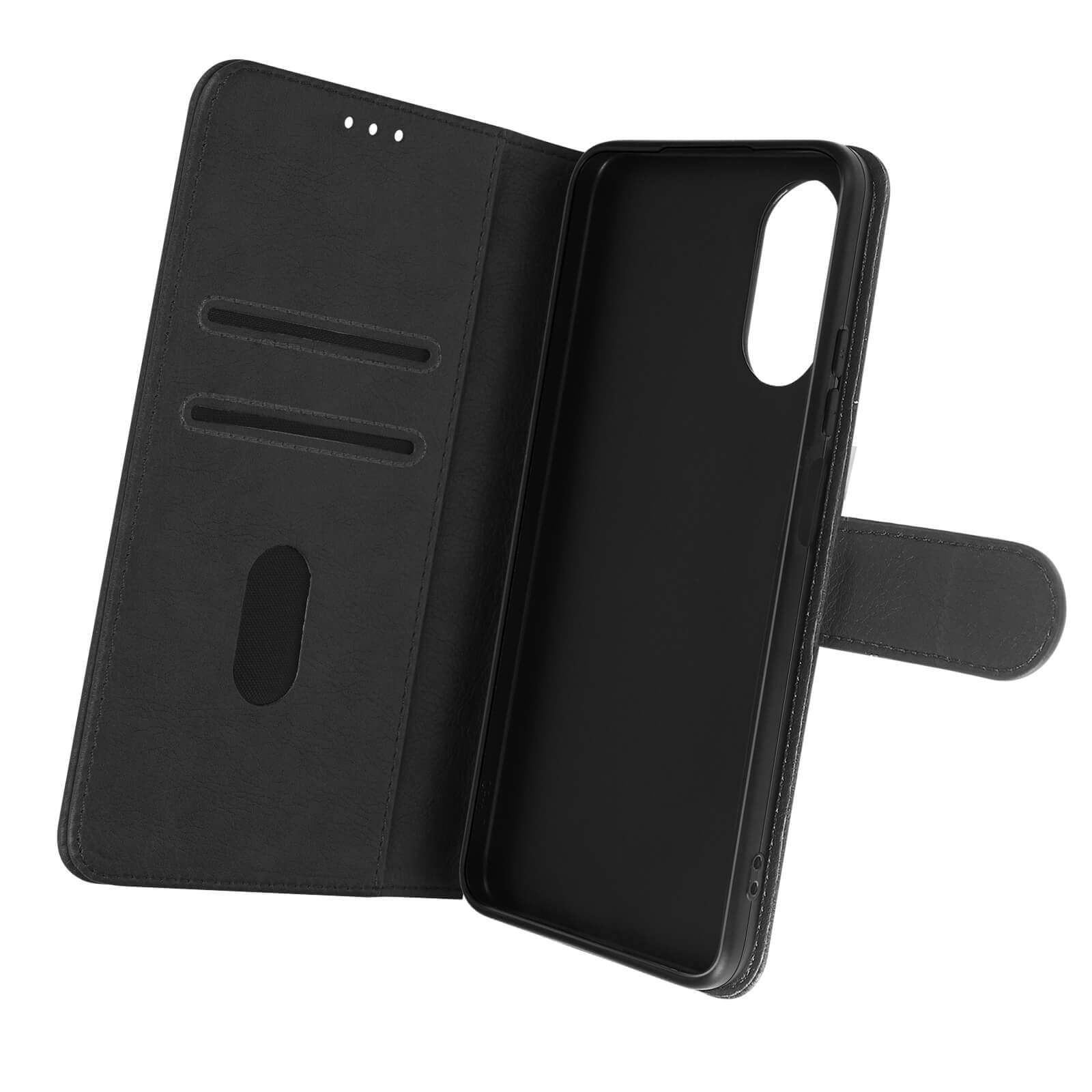 Zwart telefoonhoesje, portemonnee-stijl. Open, met kaartsleuven en telefoonhouder.