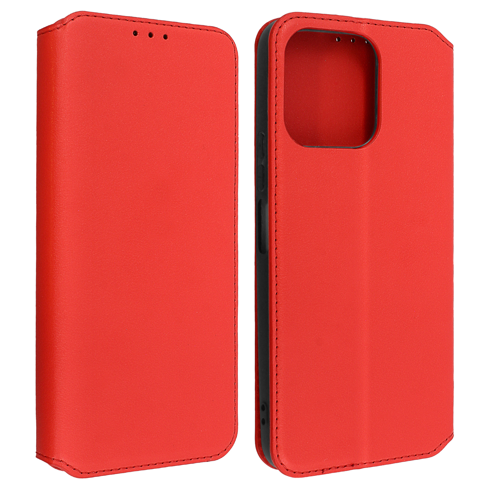Étui de téléphone en cuir rouge, ouvert et fermé. L'intérieur est noir. Fond blanc.